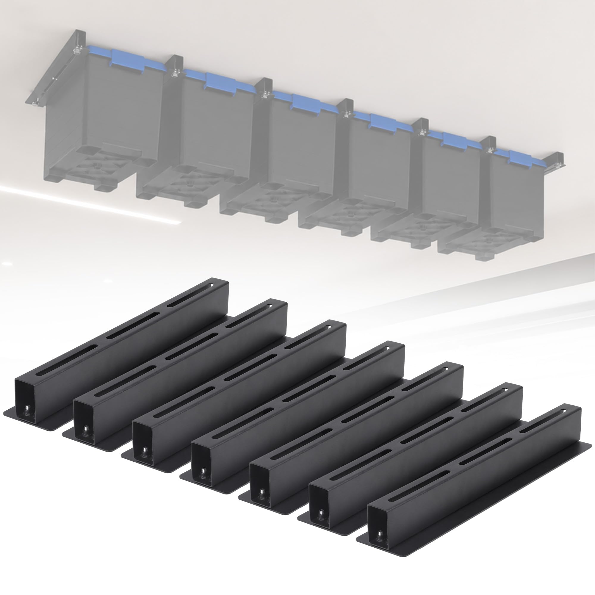 Garage Ceiling Storage Racks for 6 Bins, 17" Heavy Duty Steel Rails, Overhead Garage Storage Rack for 27 Gallon Totes, Powder Coated Tote Rack for Garages, Sheds, Storerooms