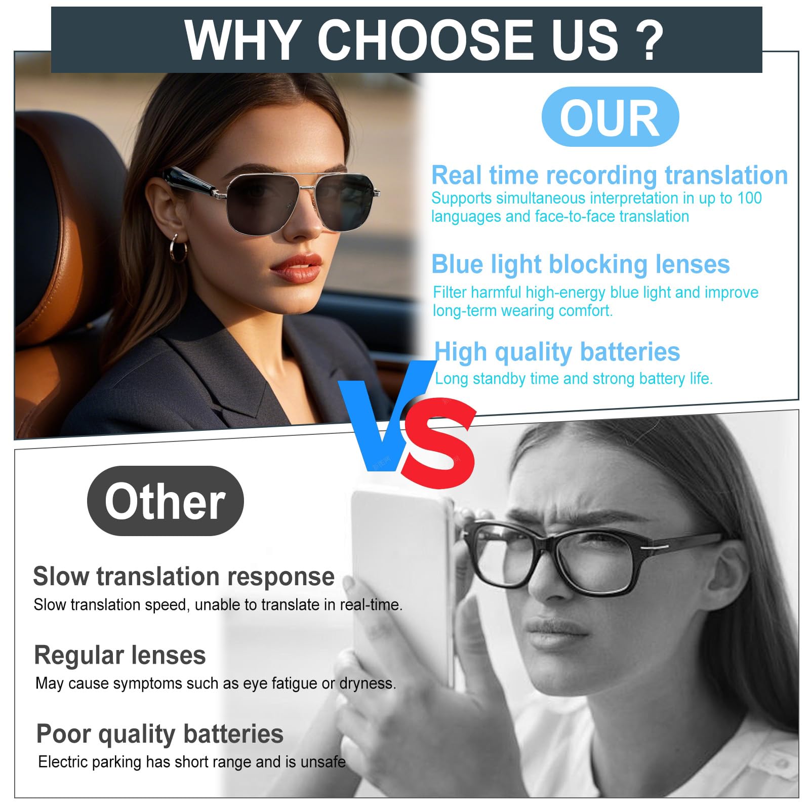 Gafas Inteligentes AI, Gafas de Traductor Inteligente, UV Gafas Bluetooth para Hombre y Mujer, Gafas Inteligente con Bluetooth 5.4, Altavoz Soporte 144 Idiomas