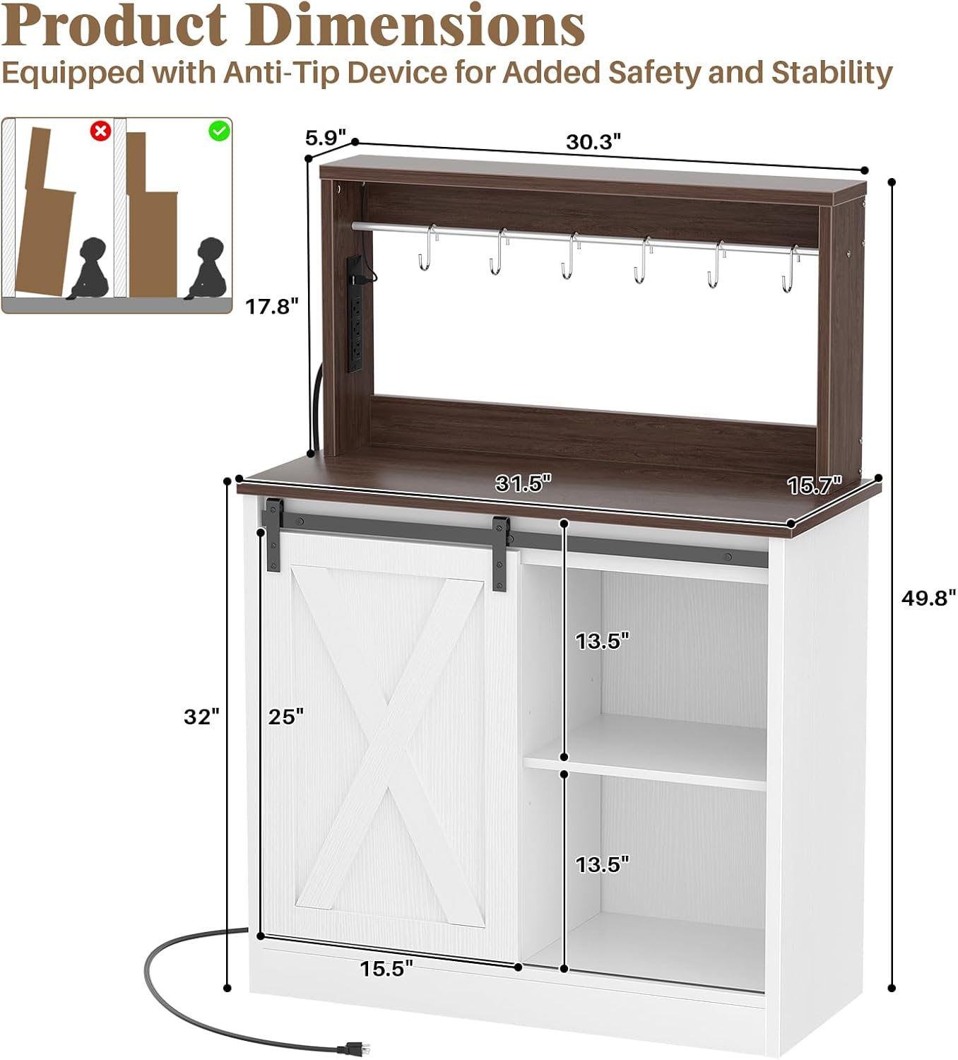 Homieasy Farmhouse Coffee Bar Cabinet with Charging Station & Led Lights, Charming Buffet Cabinet with Hutch, Customizable Storage with Barn Door Style, Perfect for Kitchen, Living Room, Brown/White
