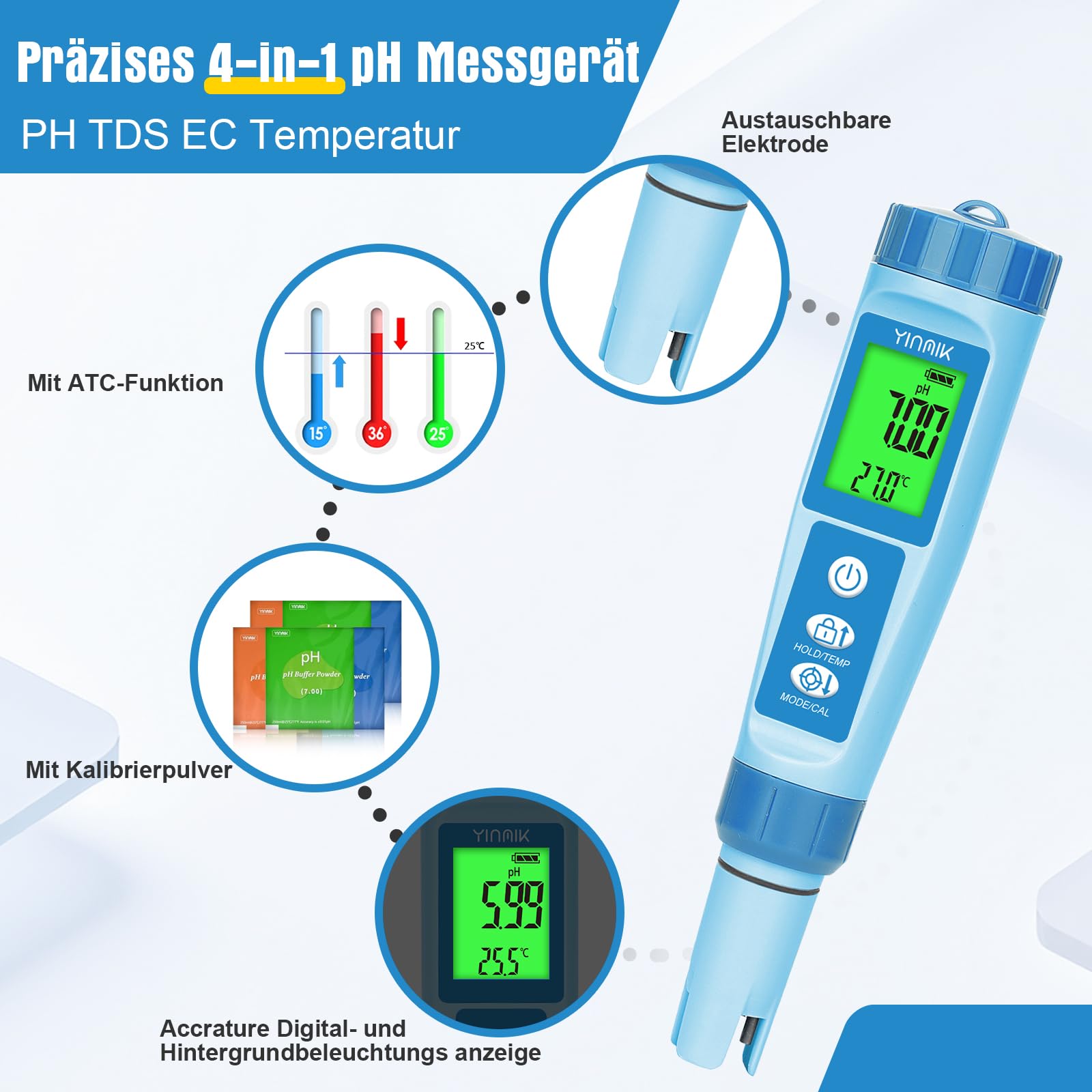 YINMIK pH Messgerät, Pool pH Messgerät, pH EC Messgerät Grow, TDS Tester für Trinkwasser, pH EC Messgerät für Hydrokultur, Digitales 4-in-1 pH Leitfähigkeits PPM Temp Messgerät für Pools Aquarium