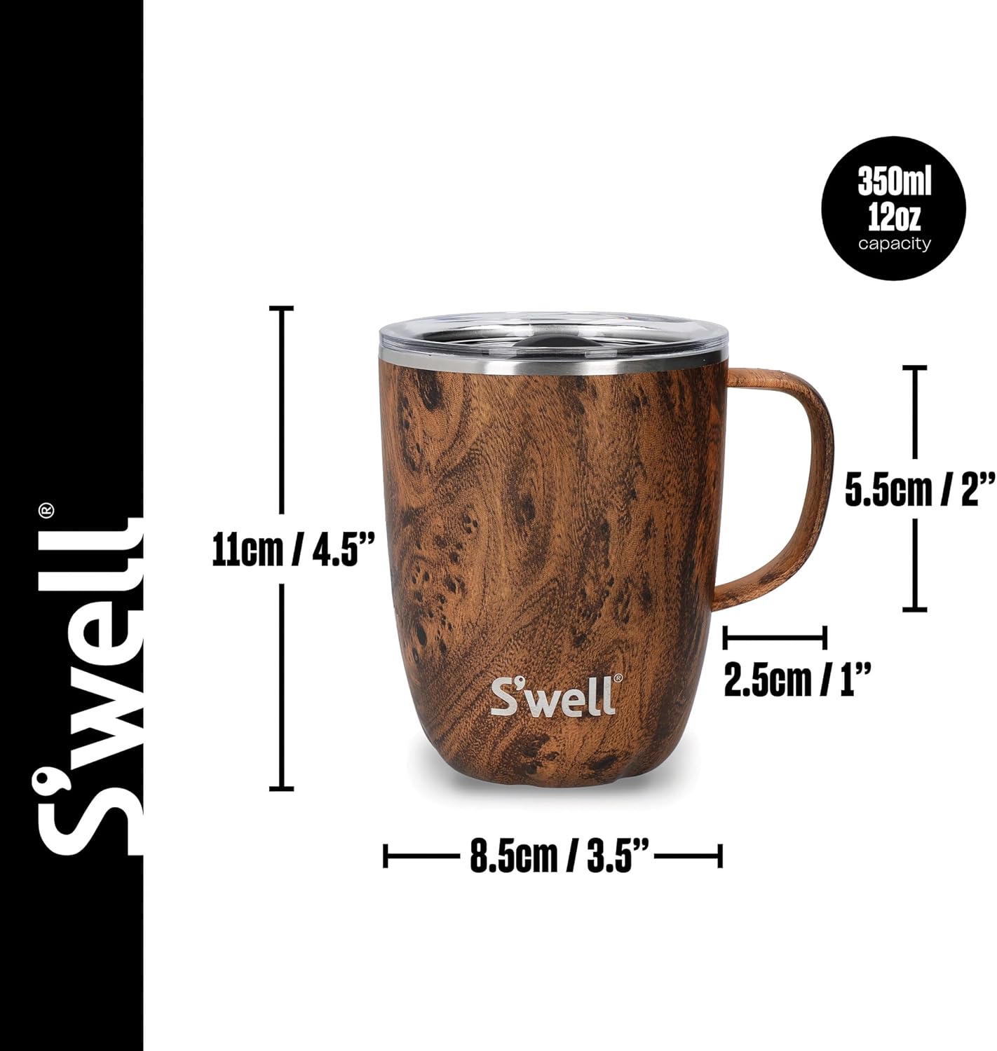 S'well Mug with Handle, Teakwood, 350ml. Vacuum Insulated Stainless Steel Travel Mug with Handle, On-The-Go Travel Cup with Slide-Open Lid - Dishwasher Safe, Brown