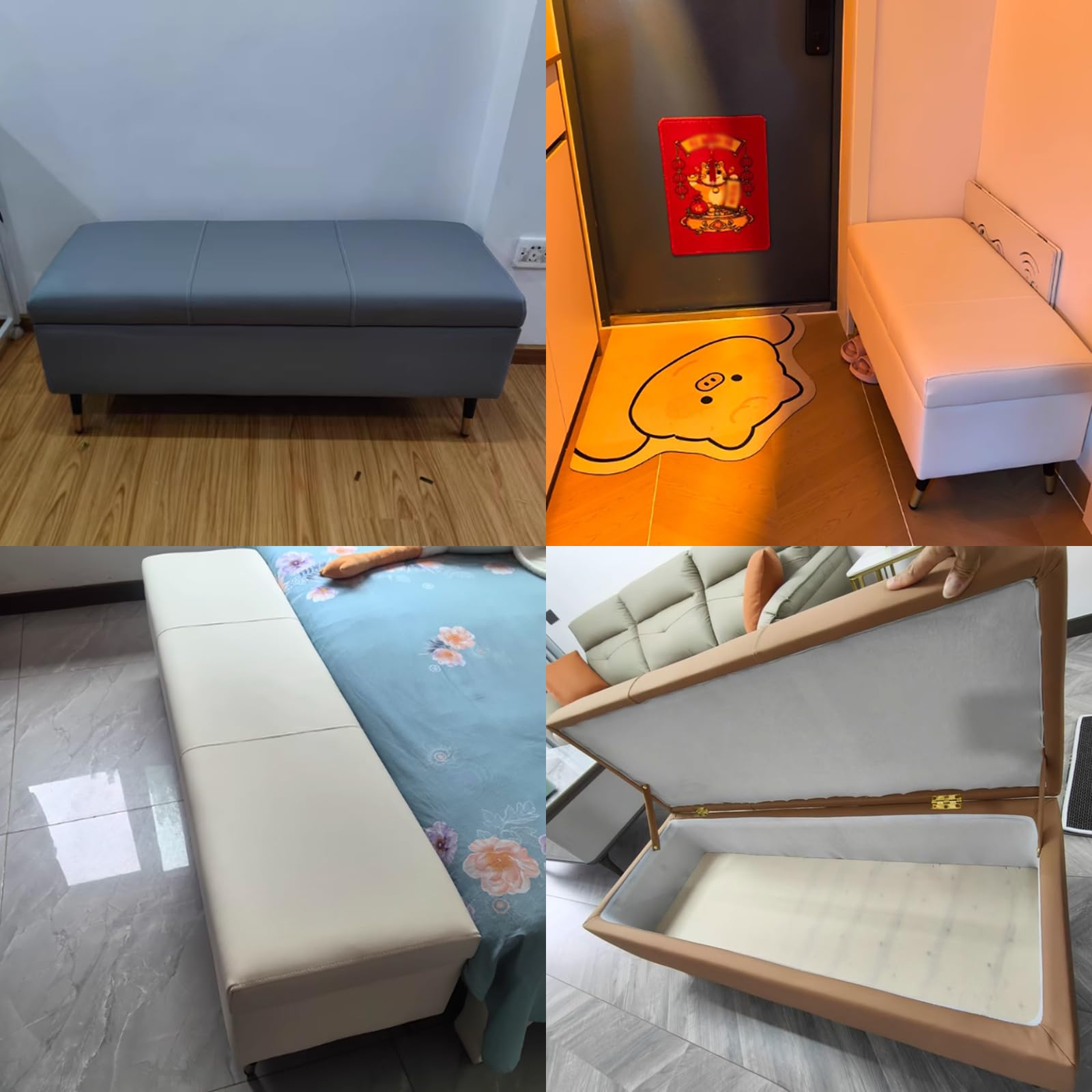 Szara ławka do przechowywania ze sztucznej skóry wyściełana ławka na buty i podnóżek otomany z litego drewna do sypialni salonu biura 71 cali x 16 cali x 18 cali (180 x 40 x 45 cm)