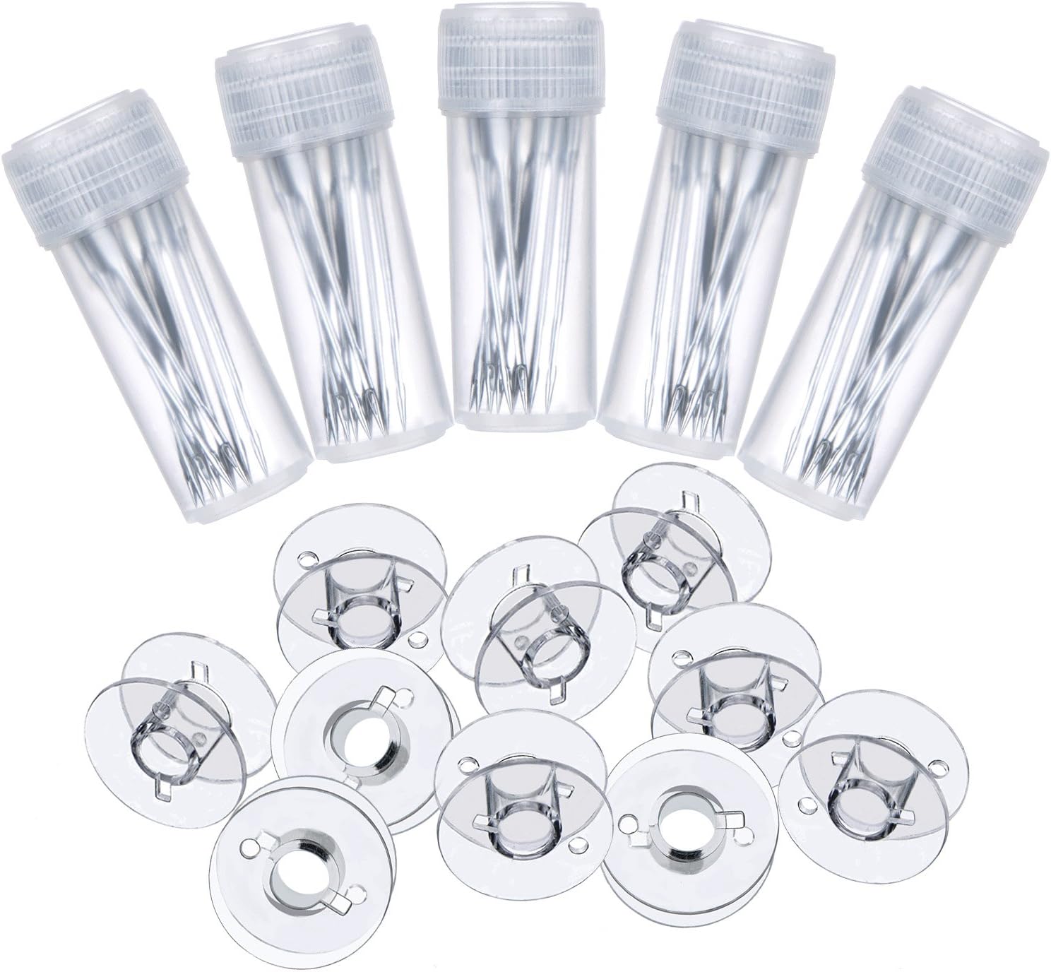 50 Pieces Home Sewing Machine Needles Size 11, 12, 14, 16, 18 with 5 Pieces Needle Bottles and 10 Pieces Transparent Plastic Sewing Machine Bobbins