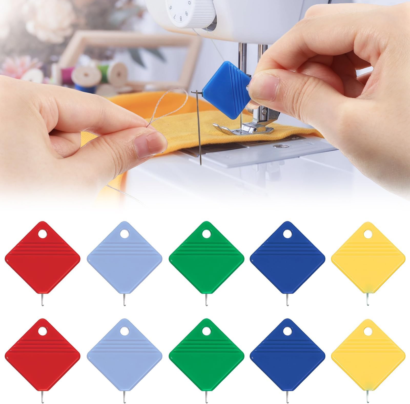 Heclia Automatic Needle Threader with Metal Hook 50 PCS Needle Threaders for Hand Sewing for Sewing Machine Square Plastic Self Threading Tool Cross-Stitch Embroidery Fits All Needles Sizes 5 Colors