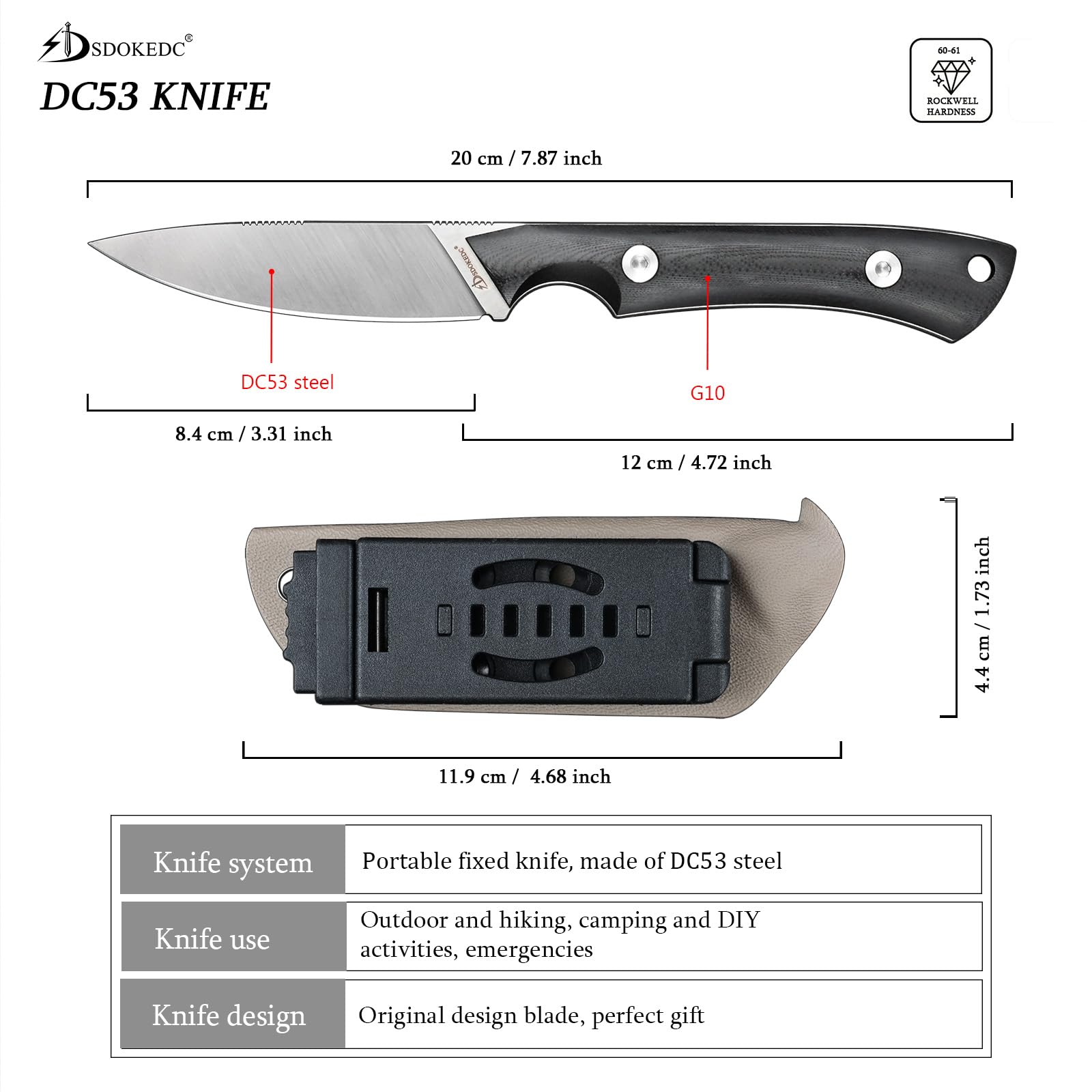 SDOKEDC Knives DC53 Steel Tactical Fixed Blade Knife with kydex sheath for Men EDC Outdoor Camping Survival Hunting (White+G10 Black)