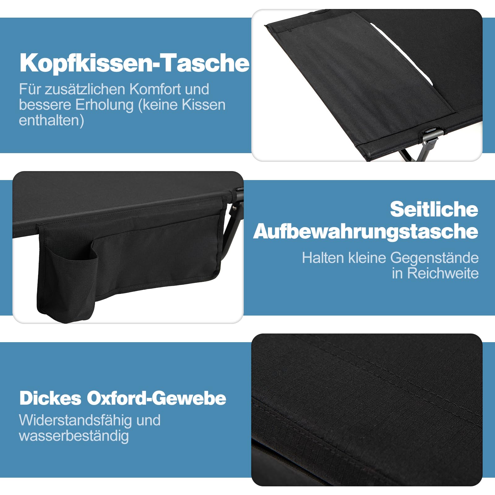 COSTWAY Feldbett klappbar, ultraleichtes Campingbett mit Seitentasche, 193 x 70 cm, tragbares Klappbett, 200 KG Tragkraft, Campingliege für Camping, Reisen, Strand (Schwarz)