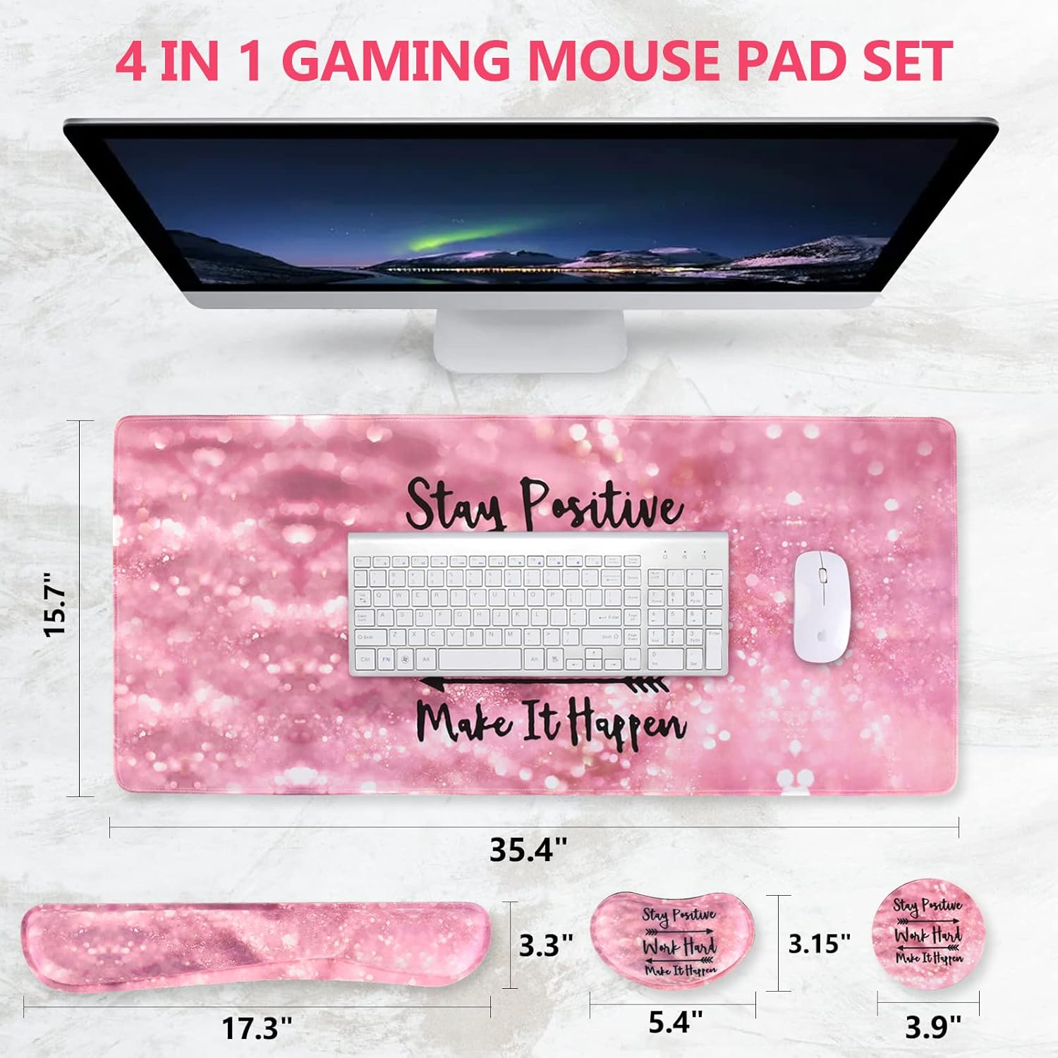 DINKY Keyboard Mouse Pad Set, Large Gaming Mousepad + Memory Foam Ergonomic Keyboard Wrist Rest Support, Easy Typing Pain Relief, 4Pcs (35.4" x 15.7") Extended Desk Mat -Pink Glitter Letters
