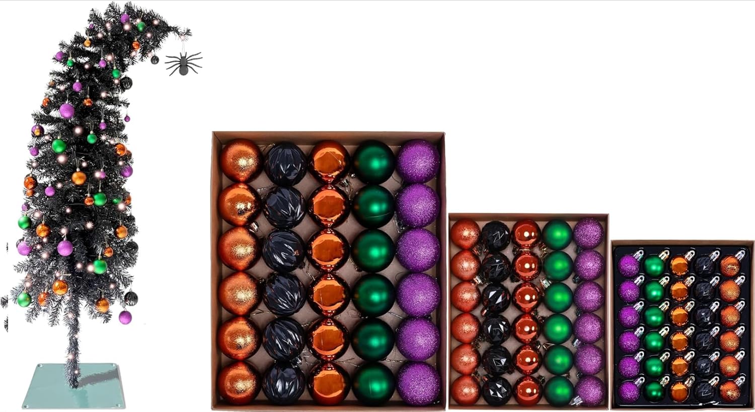 Holiday Decor Bundle: 5ft Prelit Black Tinsel Tree (100 Orange LEDs, 278 Tips, Spider Ornament, Metal Stand) + 30ct 1.18-2.36" Multicolor Shatterproof Balls (3 Sets) for Mini Tree, Decor