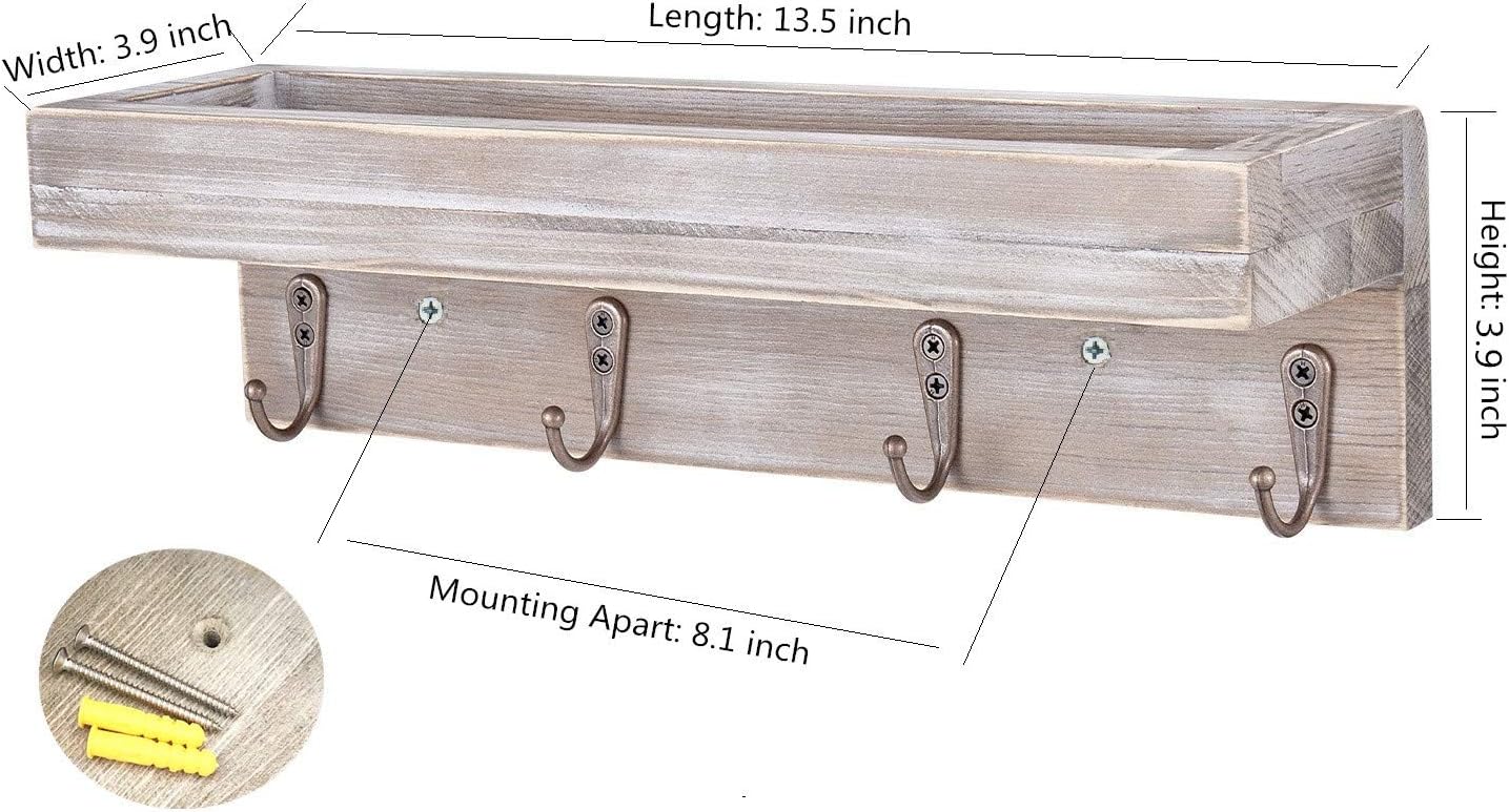Sageme Entryway Shelf Wall Mounted,Vintage Rustic Farmhouse Solid Real Wood Floating Shelf Key Holder Shelf with 4 Key Hooks for Entryway, Mudroom, Kitchen, Bathroom (4 Hooks, Bronze)
