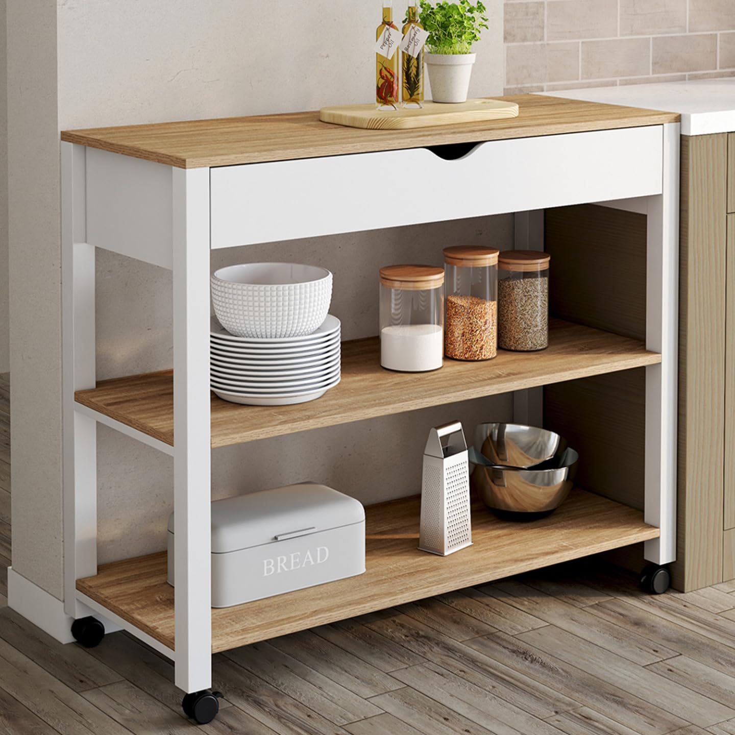 IDMarket – Carro de cocina PENH XXL con cajón y encimera blanca, bandejas estilo haya, 100 CM de largo