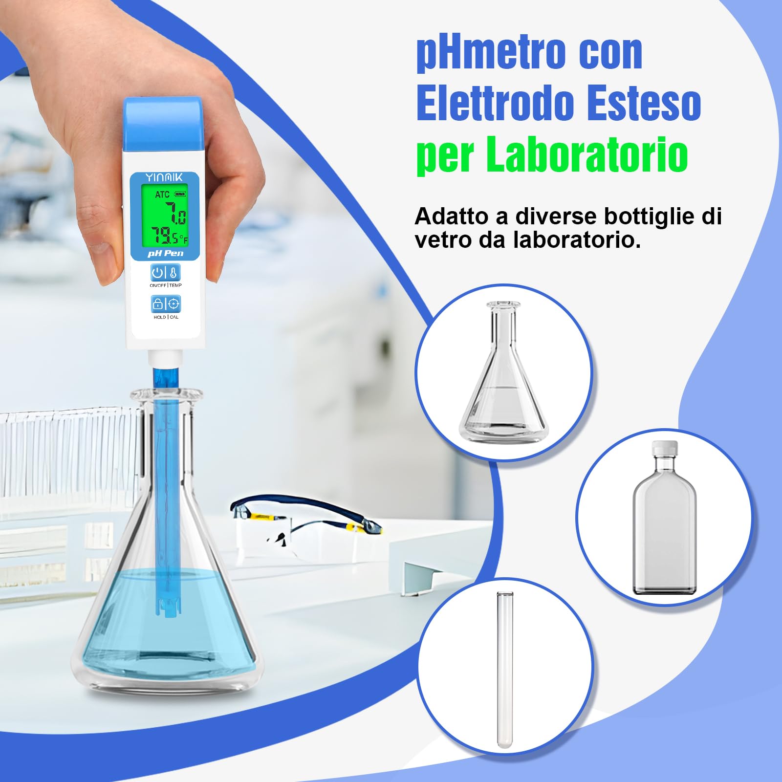 YINMIK Misuratore di pH Digitale da Laboratorio con Sonda pH da 11,7 cm | con ATC, Per Alimenti, Per Bottiglie a Collo Stretto, Kit di Test, Preparazione Kombucha