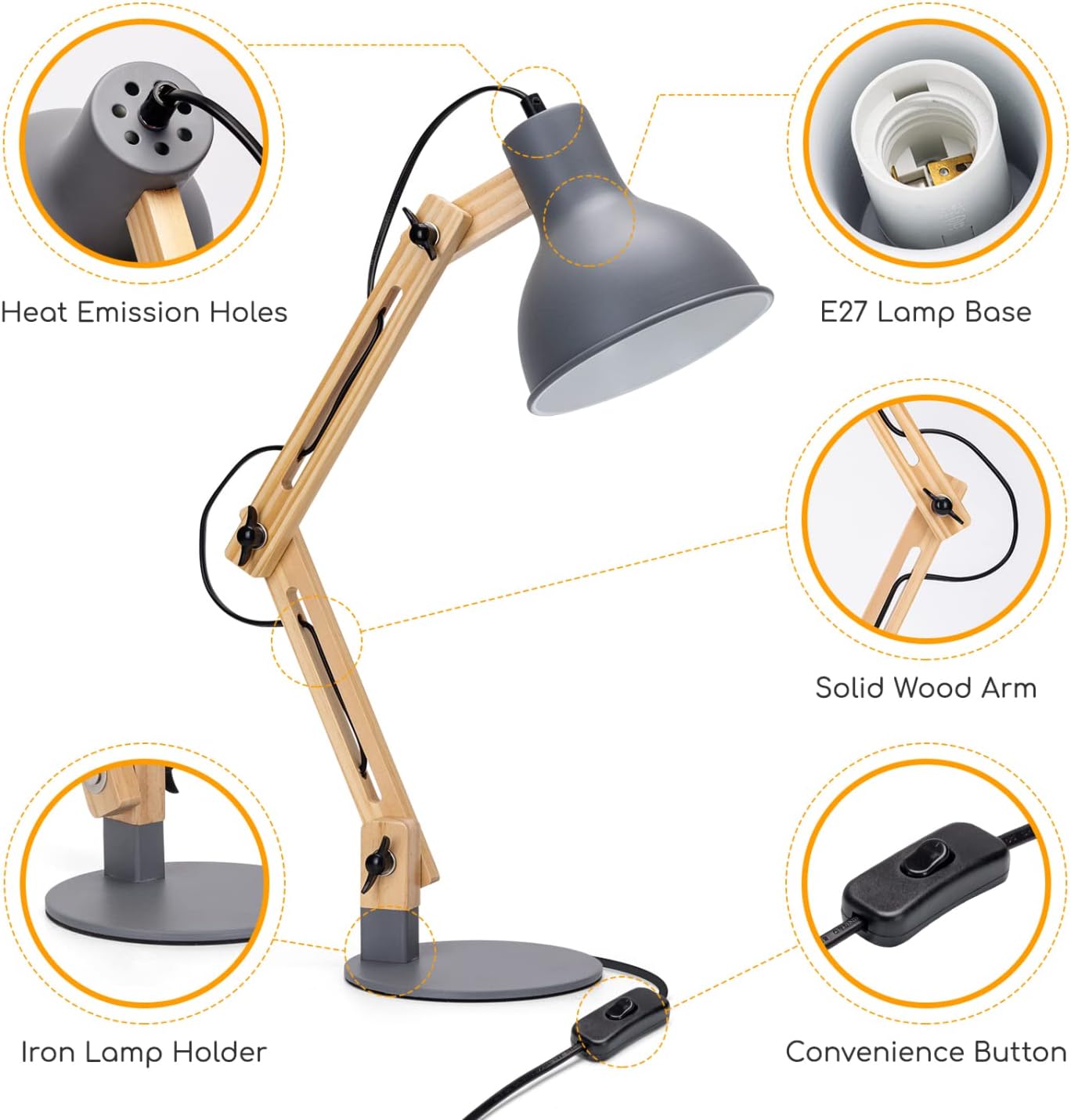 Diagram showing key components of the Aigostar desk lamp: Heat Emission Holes, E27 Lamp Base, Solid Wood Arm, Iron Lamp Holder, Convenience Button.