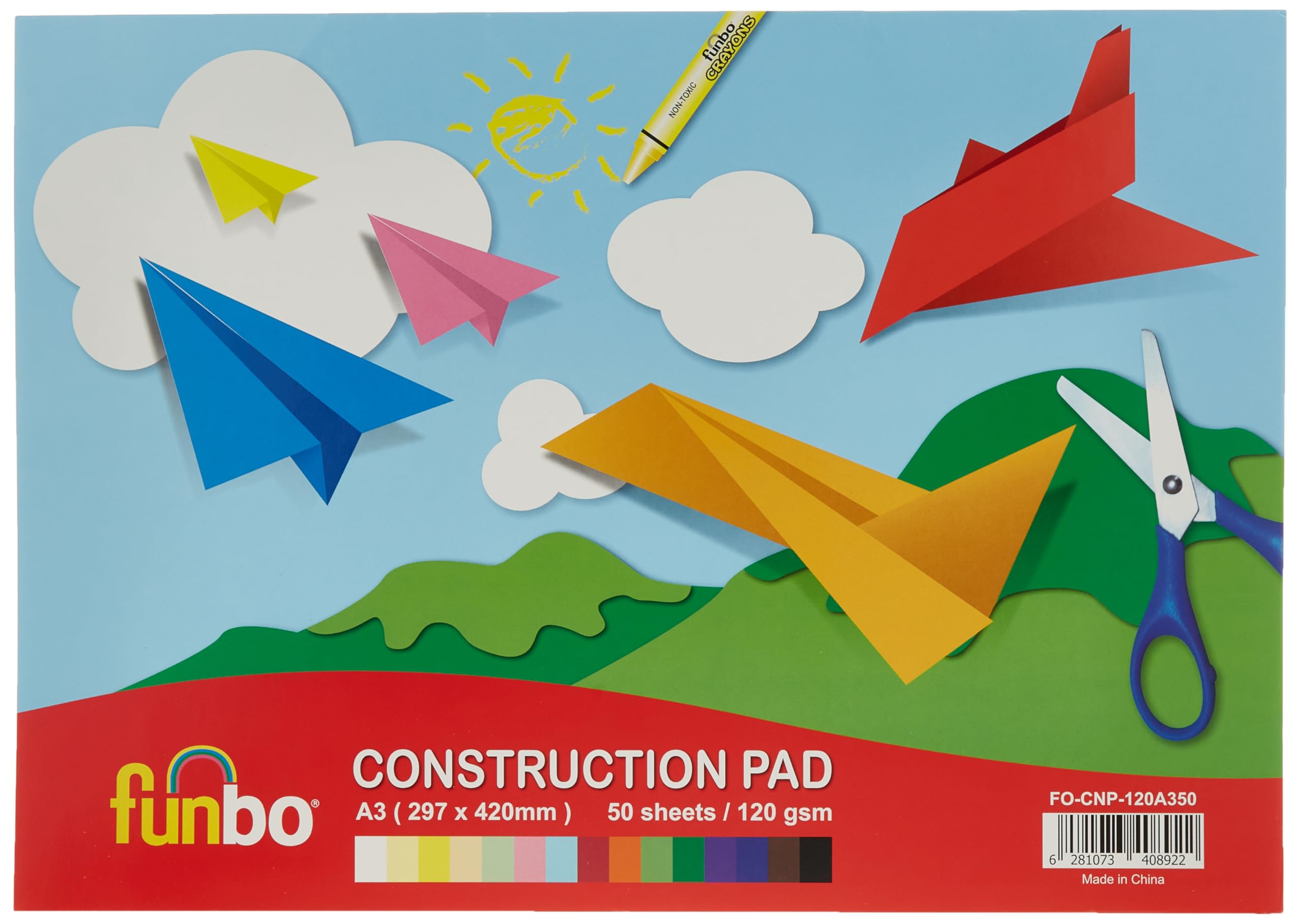 Funbo 120 Gsm 50 Sheets Construction Pad, A3 Size, 15 Assorted Colours
