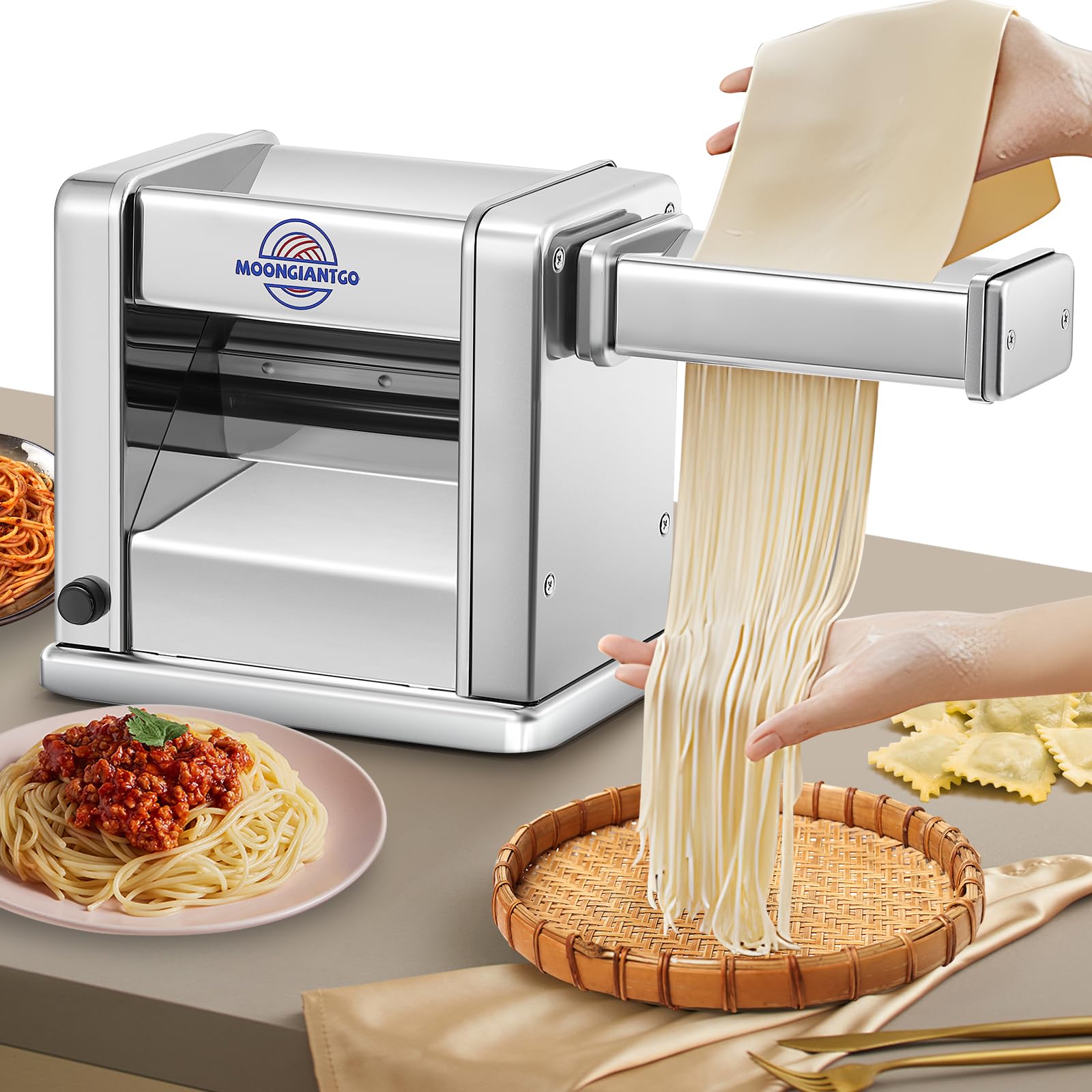 Moongiantgo Electric Pasta Maker Stainless Steel Puff Puller with 3 Blades 2 mm/4 mm/6.5 mm for Spaghetti, Fettuccine, Ravioli, 7 Degree of Adjustable Thickness for Home Use (3 Blades)