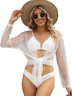 Bathing Suit Cover Ups for Women Long Sleeve Pearls Sheer Mesh Beach Cov...