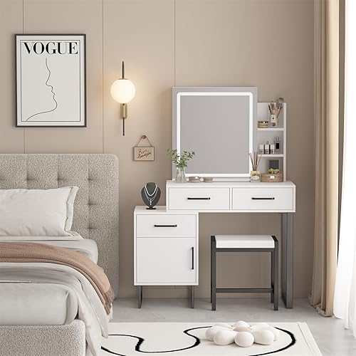 Valpeak Espejo de tocador con luz, mesa de escritorio de maquillaje con silla y cajones, mesa lateral ajustable, 3 luces de tono, color blanco