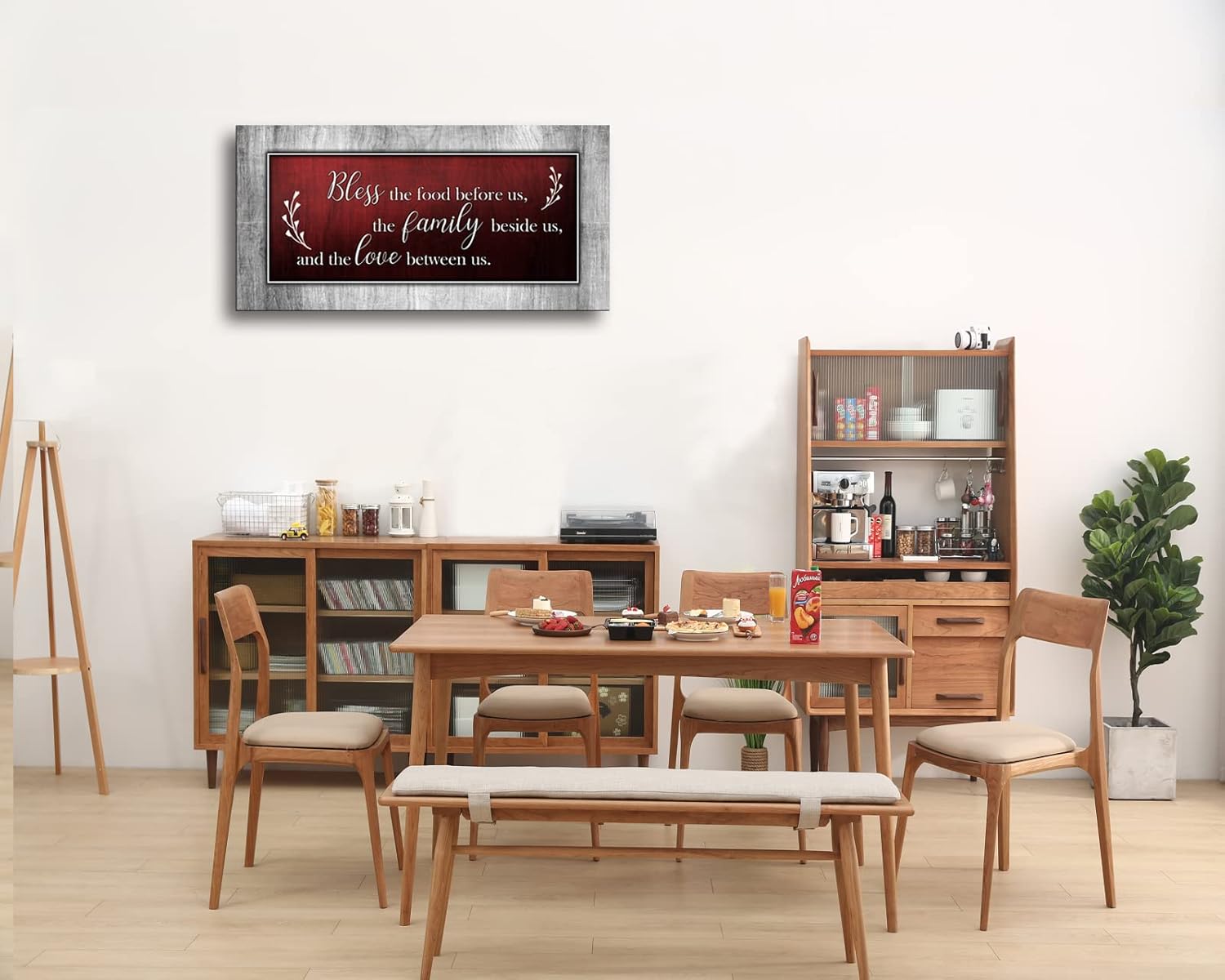 Motivational Quotes Christian Wall Art Red and Grey Canvas Prints Bless The Food Quote Wall Pictures Framed Artwork for Home Living Room Dining Room Kitchen Decor