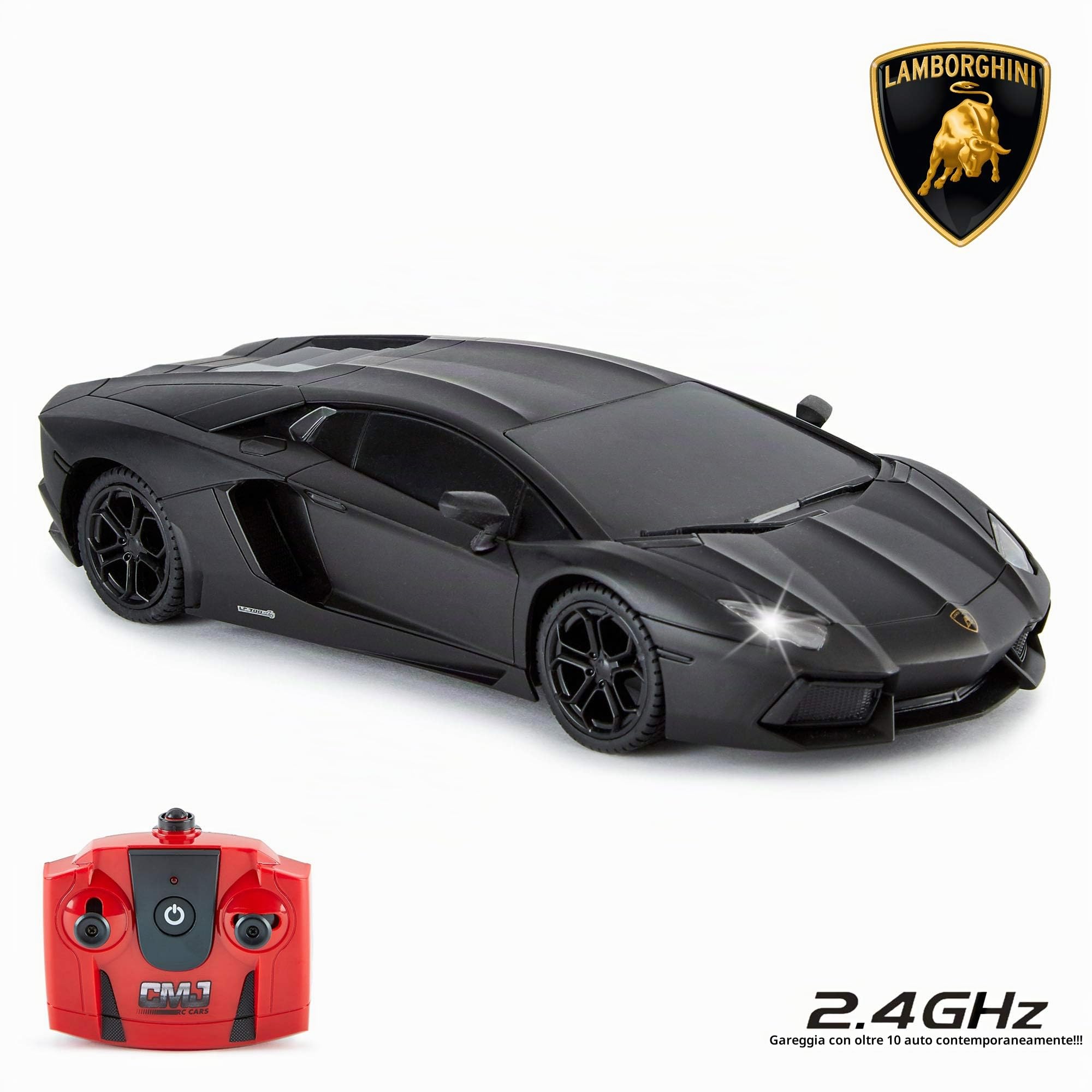 CMJ RC Cars Auto radiocomandata con Licenza Ufficiale Lamborghini Aventador con luci funzionanti, Auto radiocomandata su Strada in Scala 1:24, 2,4 GHz Nero Opaco, ottimi Giocattoli per