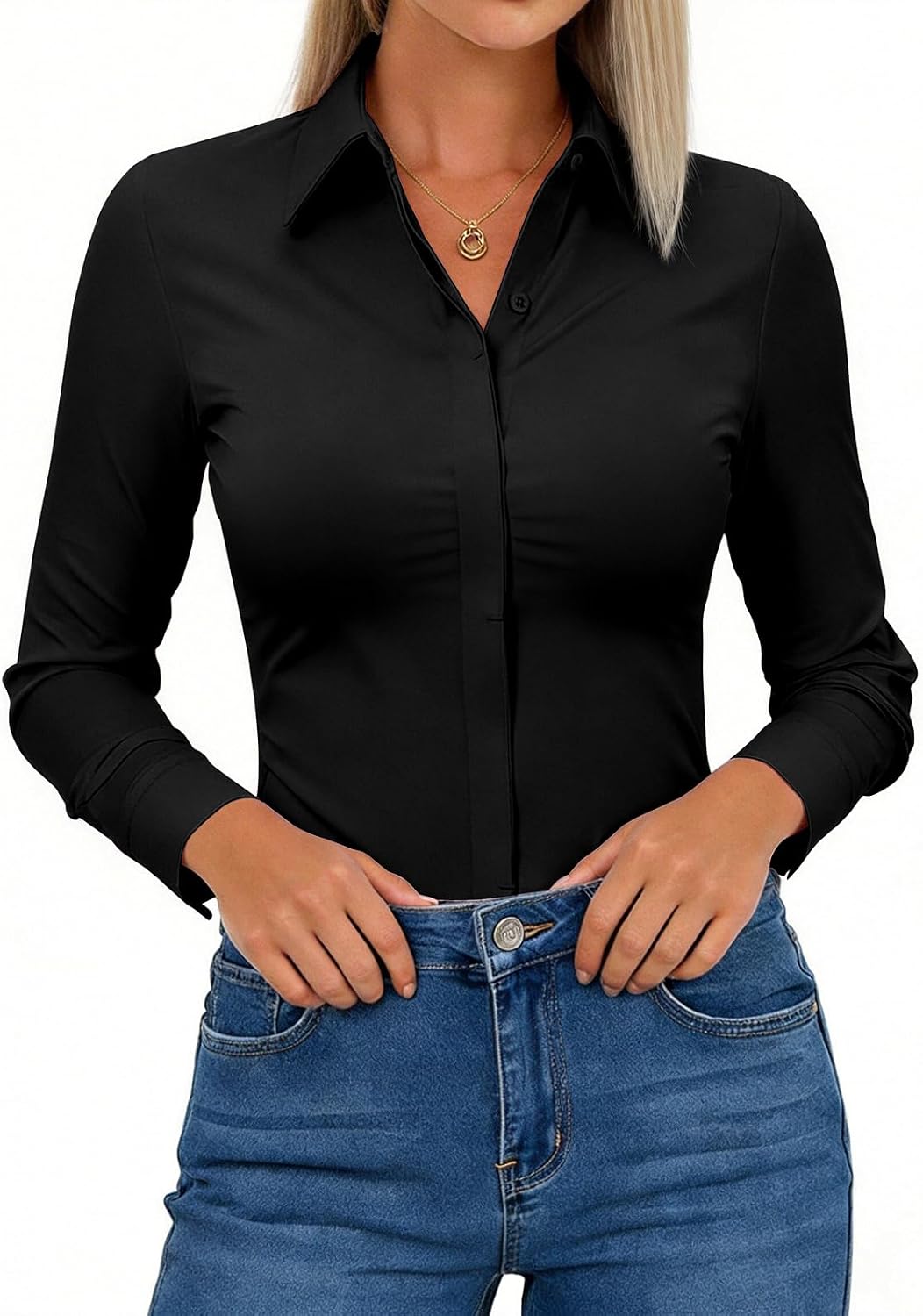 Aoudery Button Down Shirts for Women Slim Fit Long Sleeve Stretch Dress Shirts Work Shirt Wrinkle Free