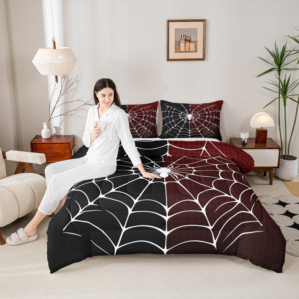 Spider Web Comforter Set Full Size, Black and Red Halloween Bedding Set 3pcs, White Spider Arachnid Insect Animal Down Comforter for All Season, Kids Boys Teens Room Decor, 2 Pillowcases, No Sheets - Image 2