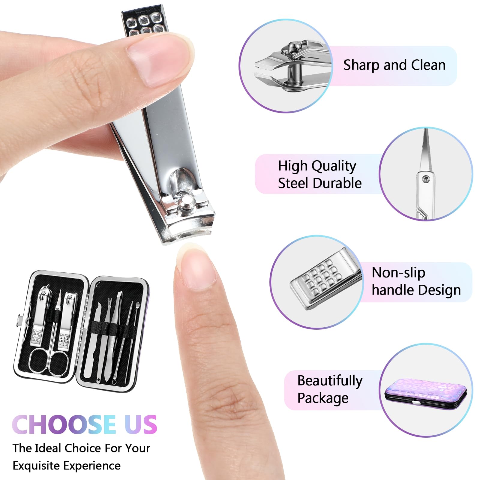 Lasnten Juego de 24 cortaúñas a granel, kit de manicura profesional de acero inoxidable, herramientas de pedicura con estuche de viaje, regalos para hombres y mujeres (láser, 8 en 1)