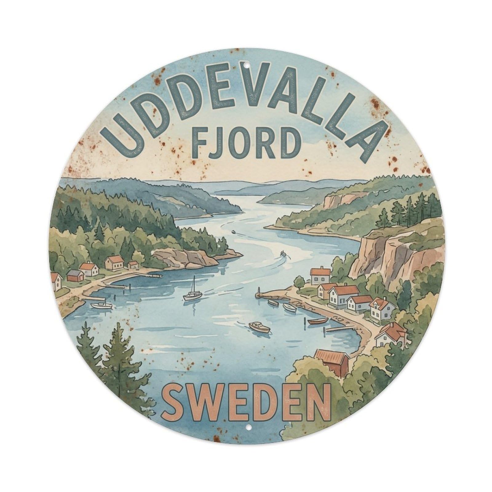 Vintage Travel Uddevalla Sweden Fjord Metal Tin Sign
