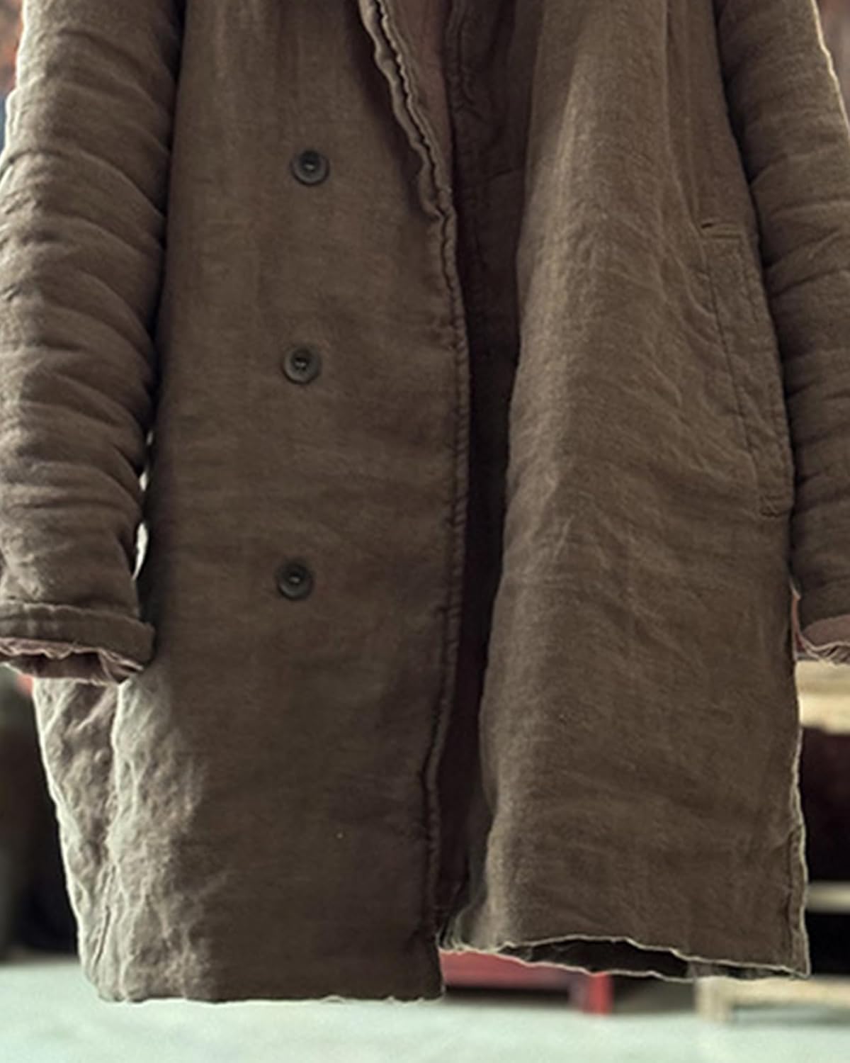 LZJN Women's Quilted Linen Lightweight Jacket Dustproof Coat Solid Color Casual Mid-Length Loose Work Outwear with Pockets