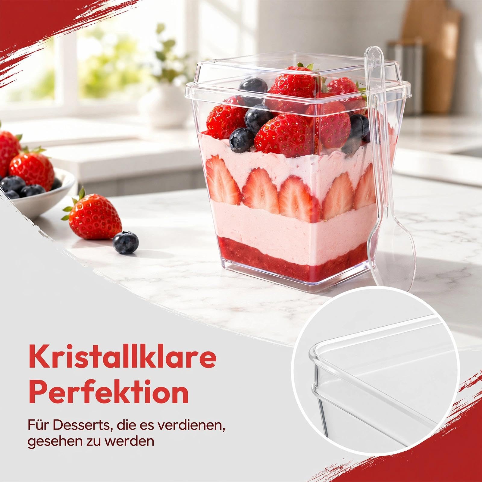 Hsxfl 30 vasos de postre de plástico, 150 ml, vasos de postre de plástico con cucharas, cuencos de postre transparentes, reutilizables, tazas de postre cuadradas para el hogar, postres, pudin