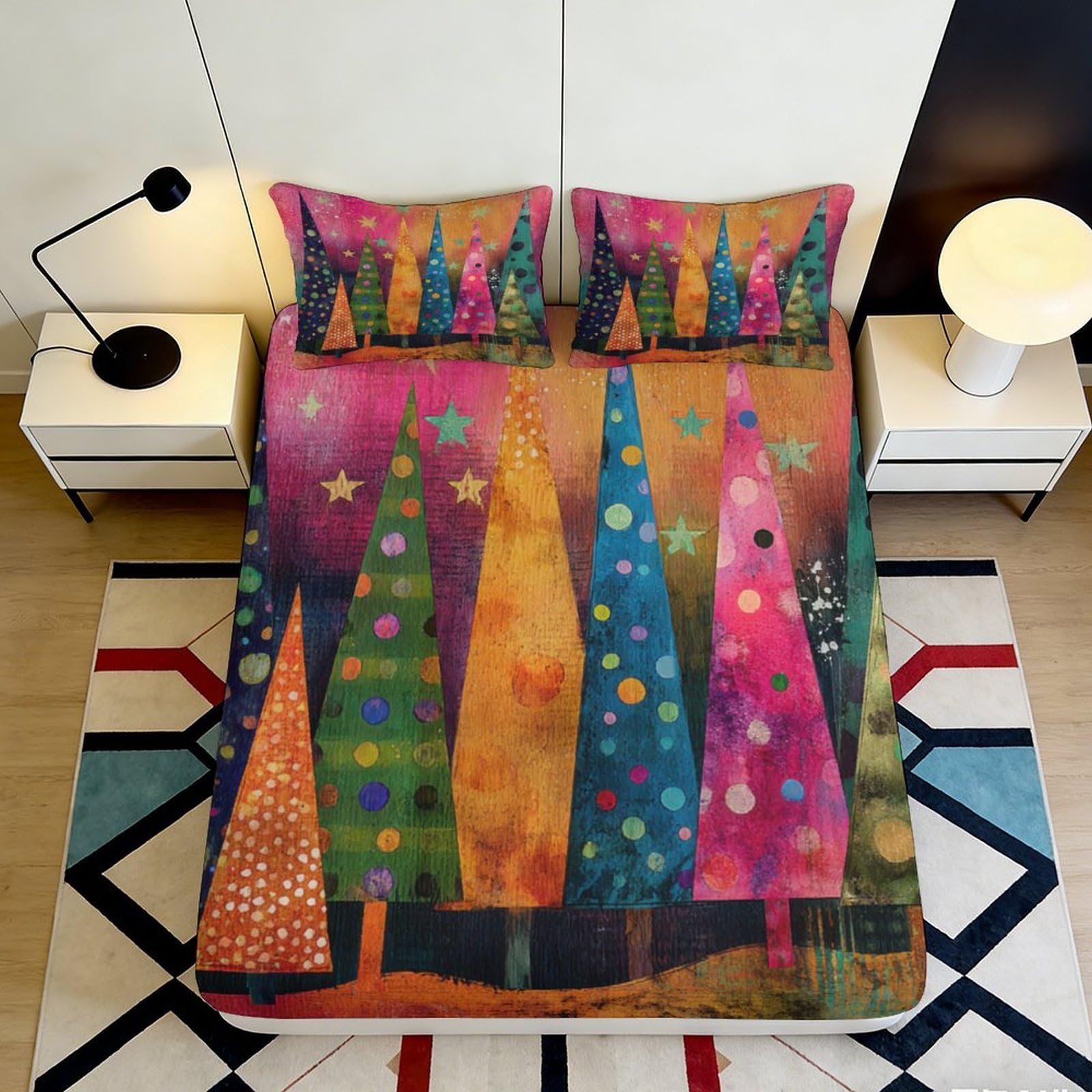 3D Printed Colorful Abstract Trees Fitted Sheet Microfiber Soft Breathable Artistic Bed Sheet for Bedroom Decor 90x200x25cm