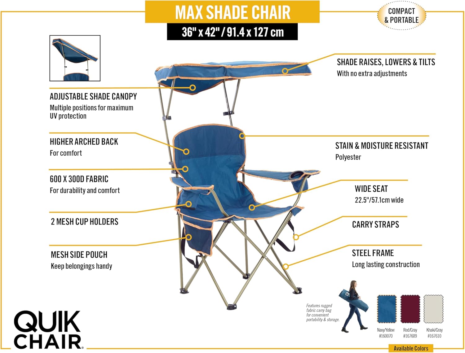 Quik Shade Max Shade High and Wide Folding Camp Tilt UV Sun Protection Canopy Chair