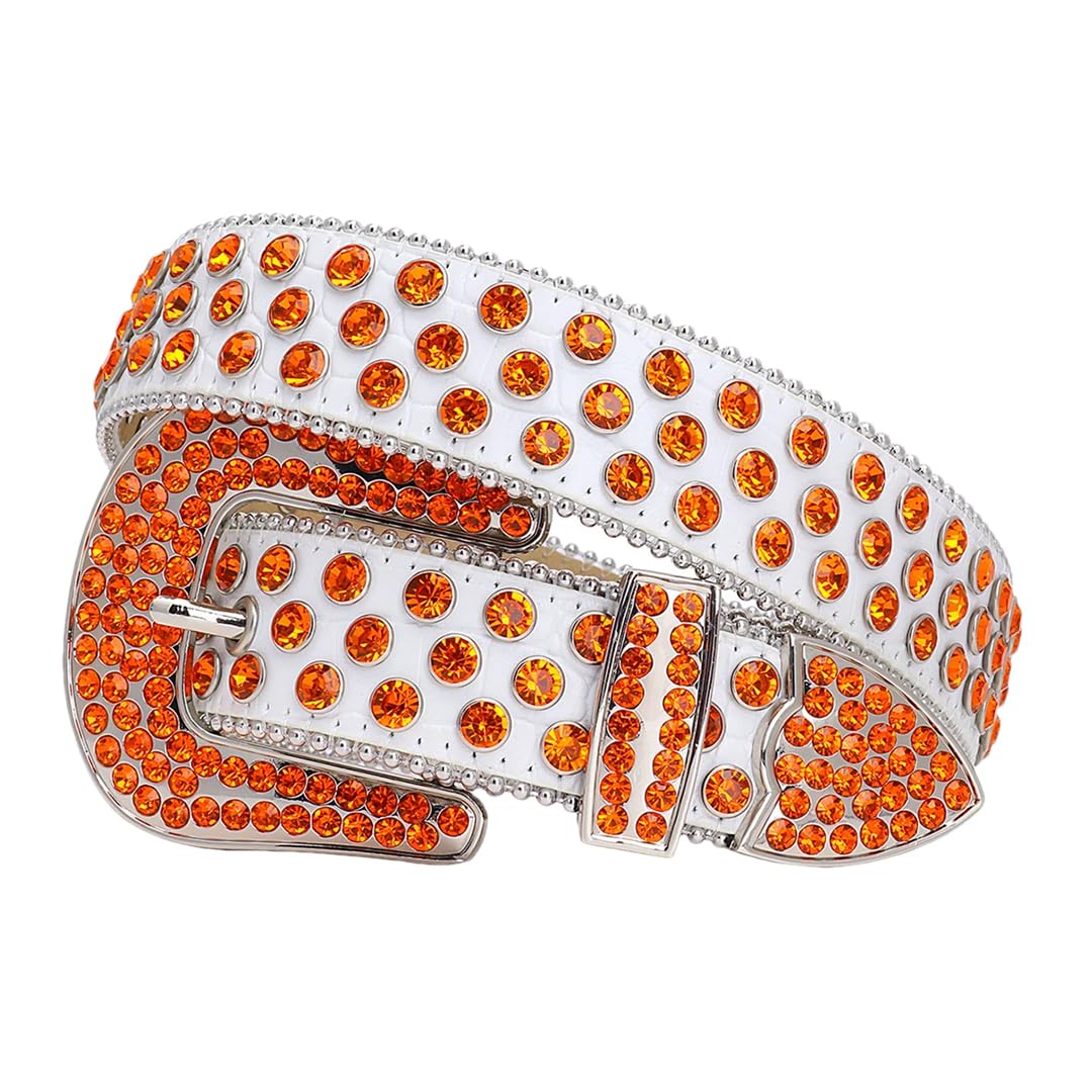 Women’S Western Denim Orange Rhinestone Belt Shiny Inlaid PU Leather Strap For Parties And Gifts
