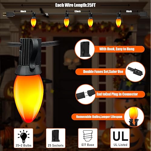 Miniatura 2 de C7 - Tira de luces de Navidad, tira de luces C7 transparentes parpadeantes de 25 pies, extensibles con 27 bombillas de llama para decoración de