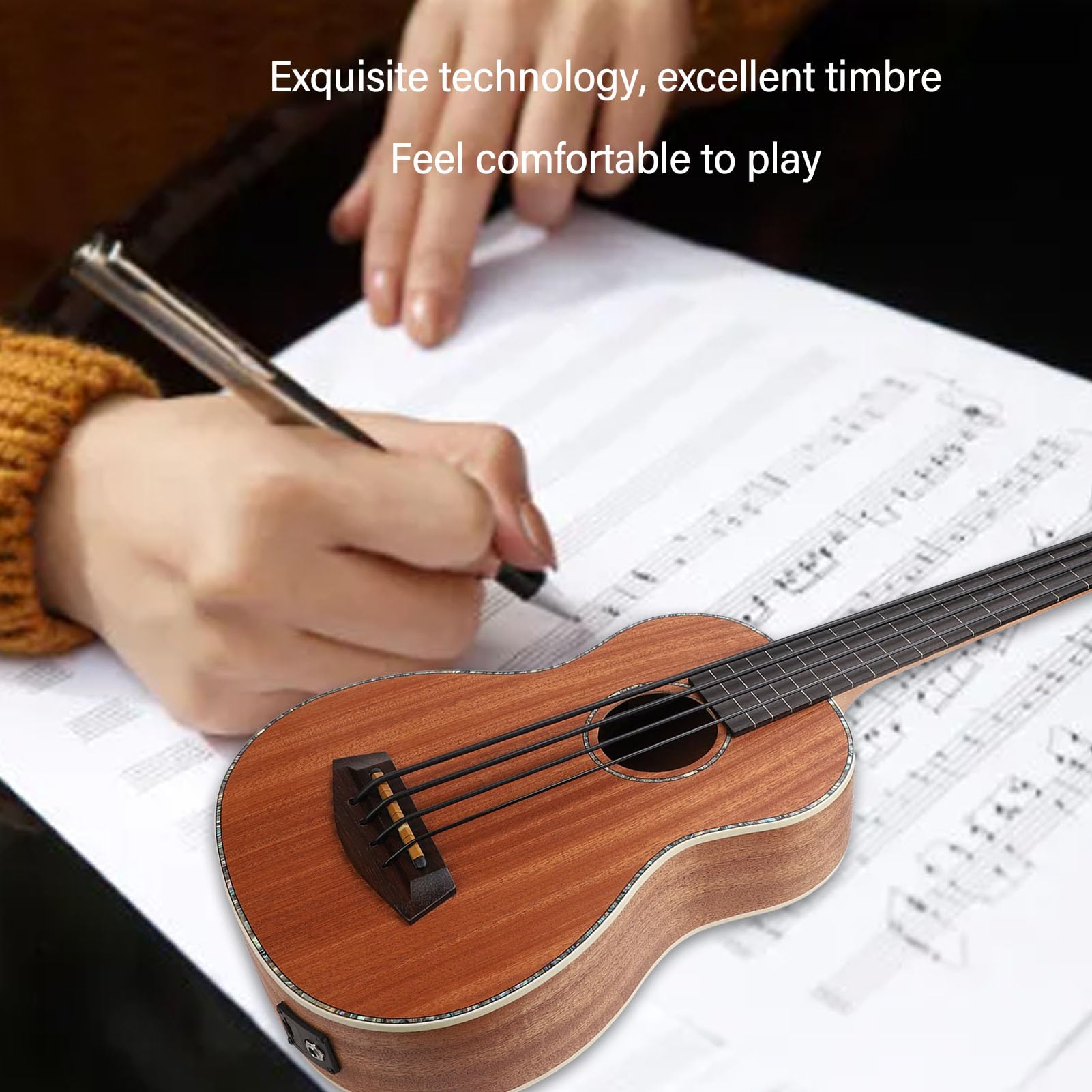 Basso Acustico Ukulele a 4 Corde in Legno a 16 Tasti con Sintonizzatore Pressofuso Nero Ed Equalizzatore per Concerti Musicali