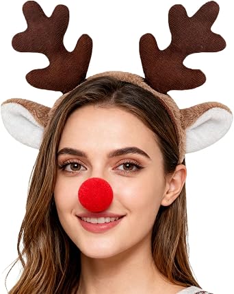 Christmas Santa Reindeer Antlers Headband with Red Nose, Antlers Hair Hoop Headpiece for Reindeer Costume Cosplay Xmas Party