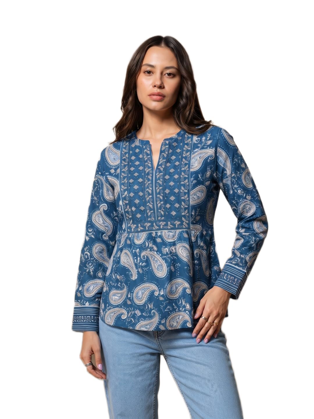 Blue Printed Frock for Women | Notch Neck Full Sleeve Ethnic Frock-image-6