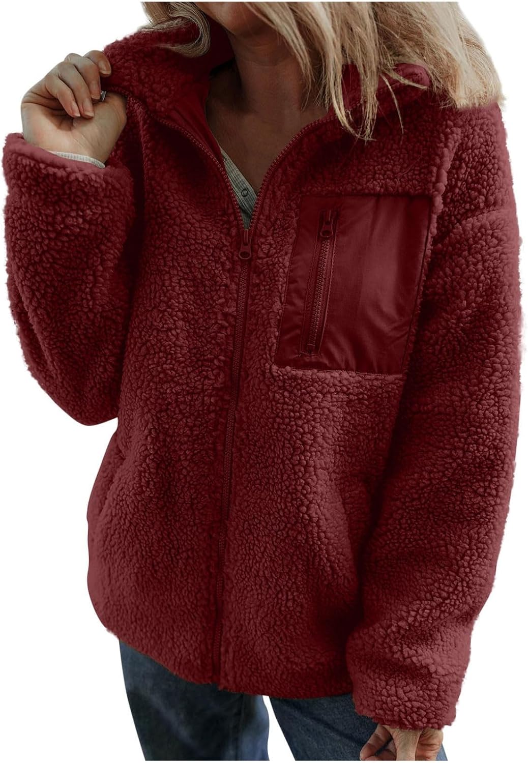 Womens Winter Trendy Full Zipper Fleece Jackets Long Sleeve Relaxed Warm Teddy Coats with Pockets