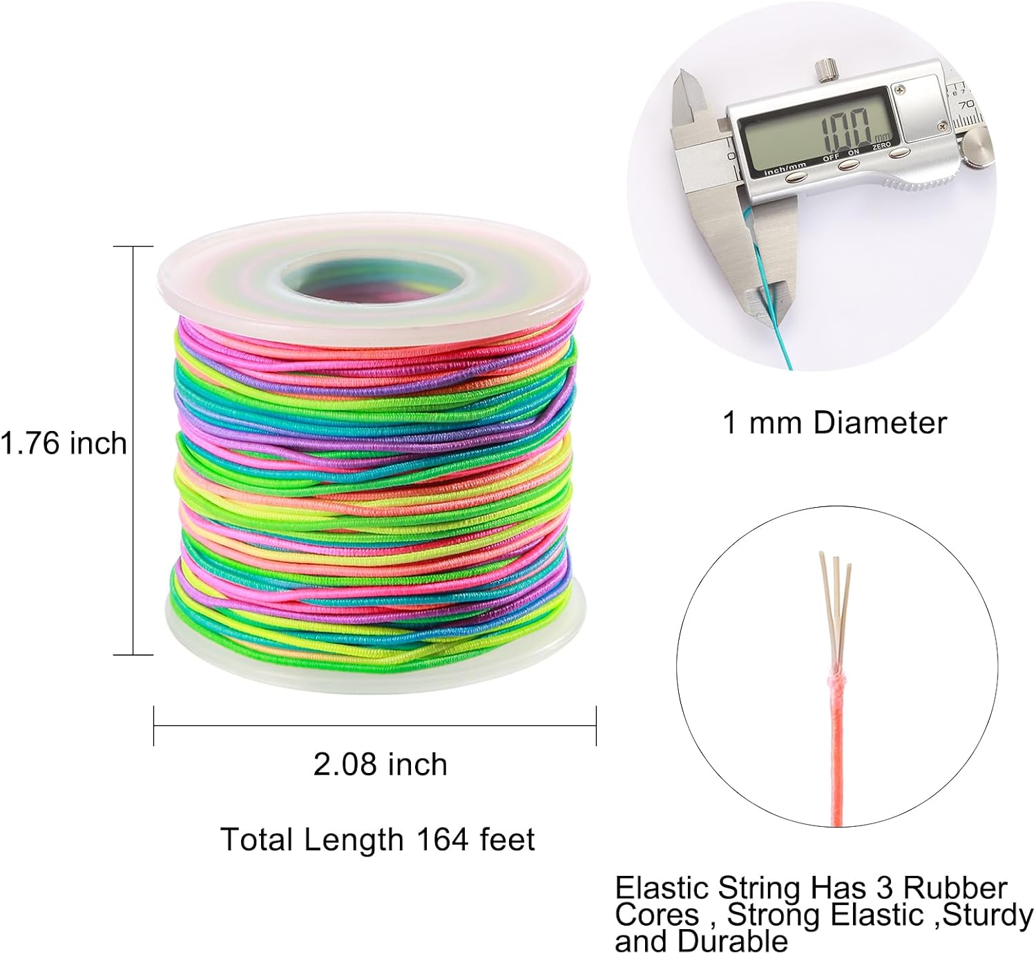 Elastic String for Bracelets, 2 Rolls 1mm Rainbow Sturdy Stretchy String Elastic Cord for Jewelry Making, Beading Necklaces and Crafts (164 Feet/Roll) image 3