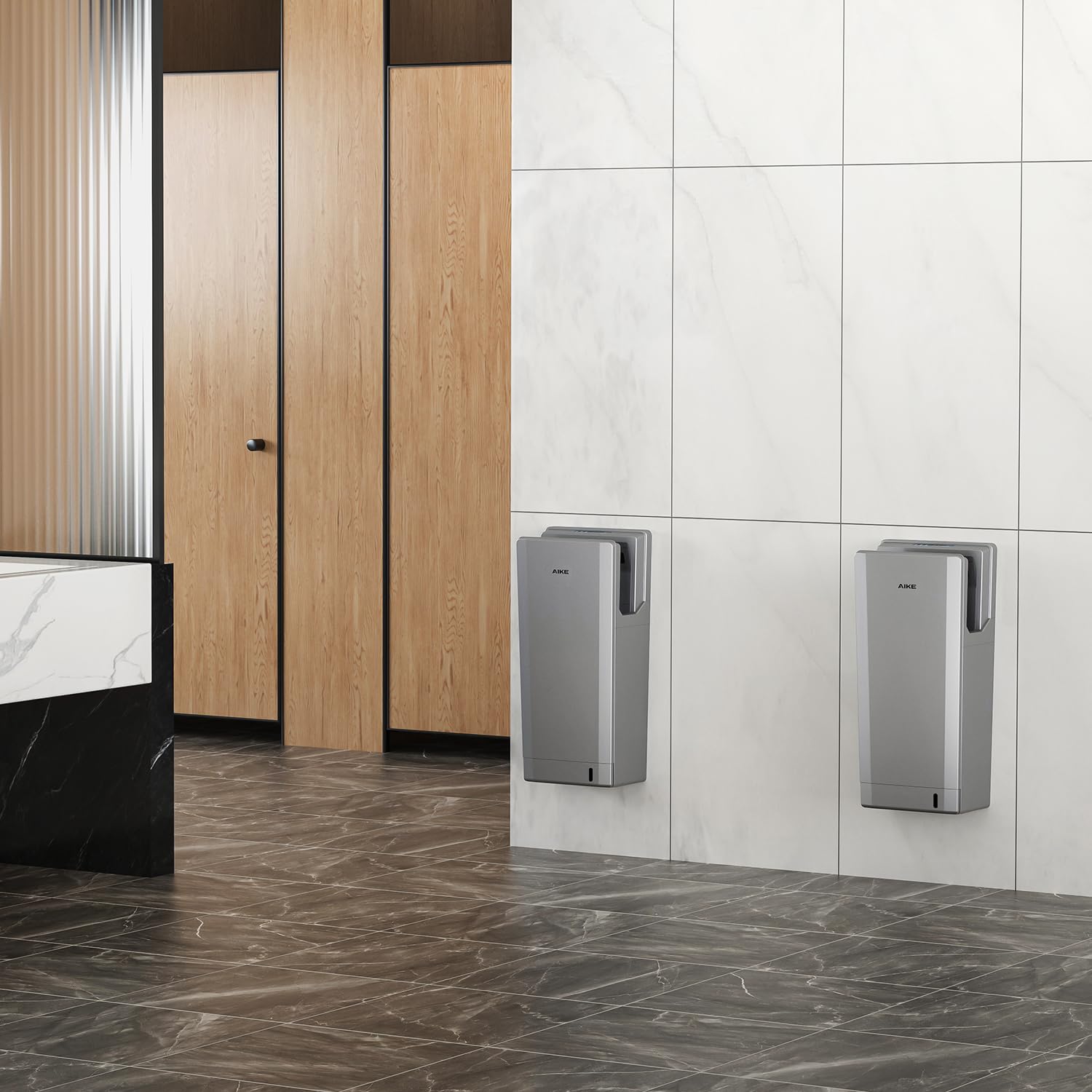 AIKE Swift Sèche-Mains Professionnel avec Filtre HEPA, Design Géométrique, Flux d'air 90M/S, pour Sanitaires à Fort Trafic, 1850W 220V Argent