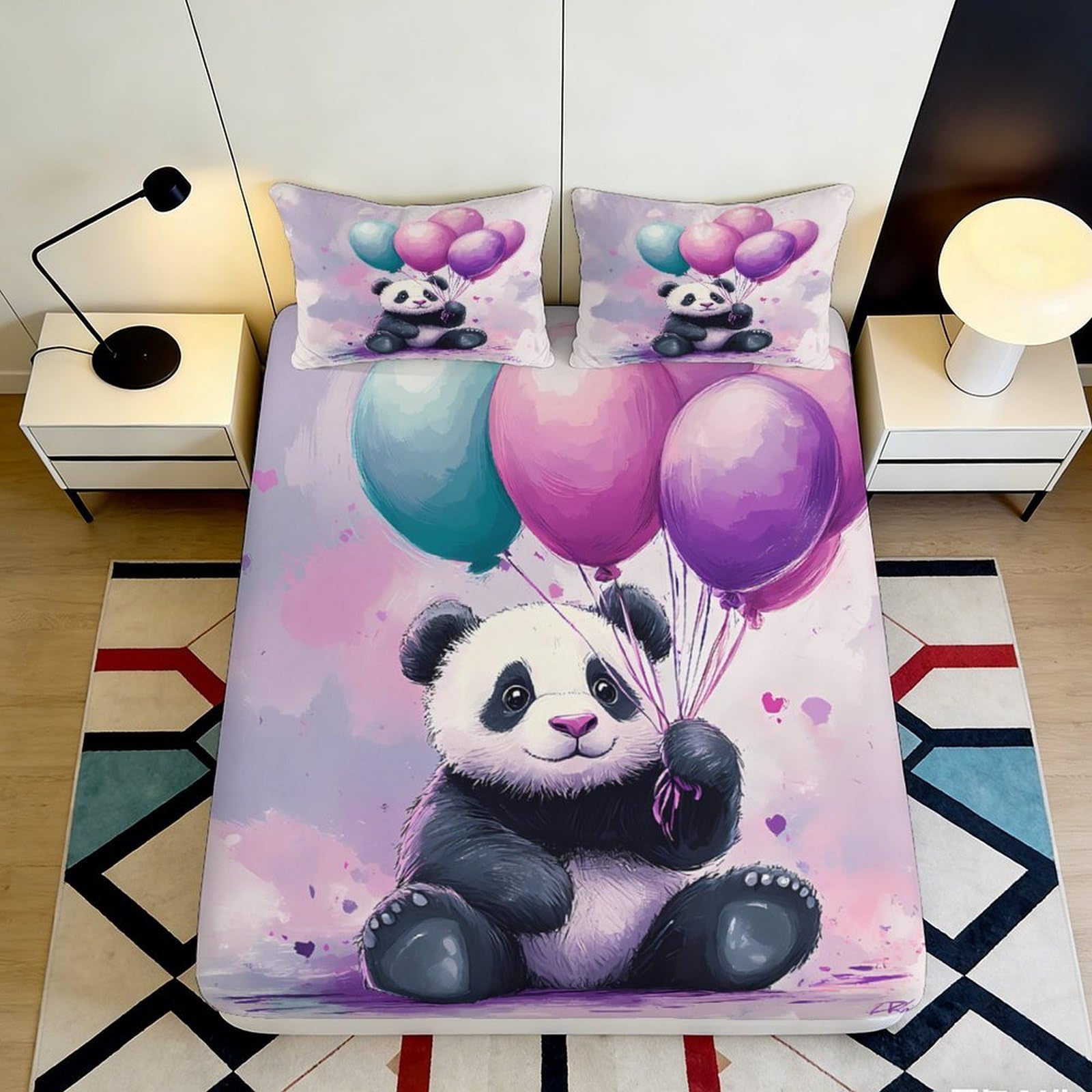3D Printed Panda Balloon Fitted Sheet Microfiber Soft Washable Purple Cartoon Mattress Cover for Bedroom Dorm Home Decor 90x200x25cm