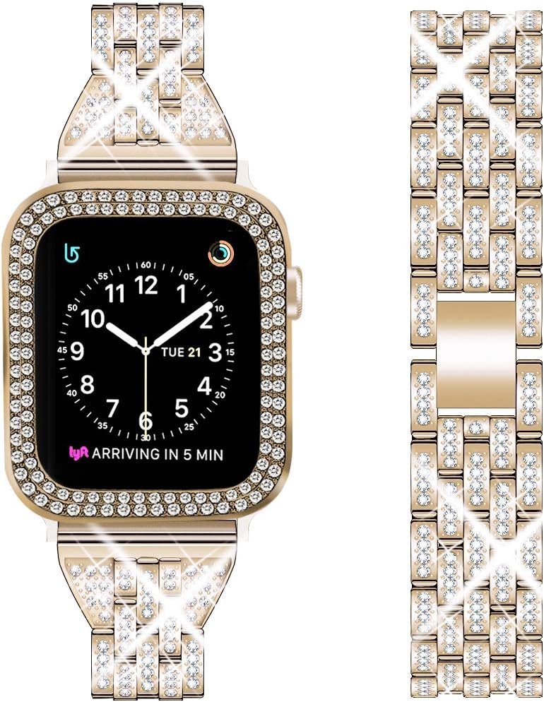 DSYTOM Compatible for Apple Watch Band 40mm with Case Women,Rhinestone Metal Jewelry Wristband Strap with Bling PC Protective Case Replacement for iWatch Series SE 6 5 4 (Champagne Gold)