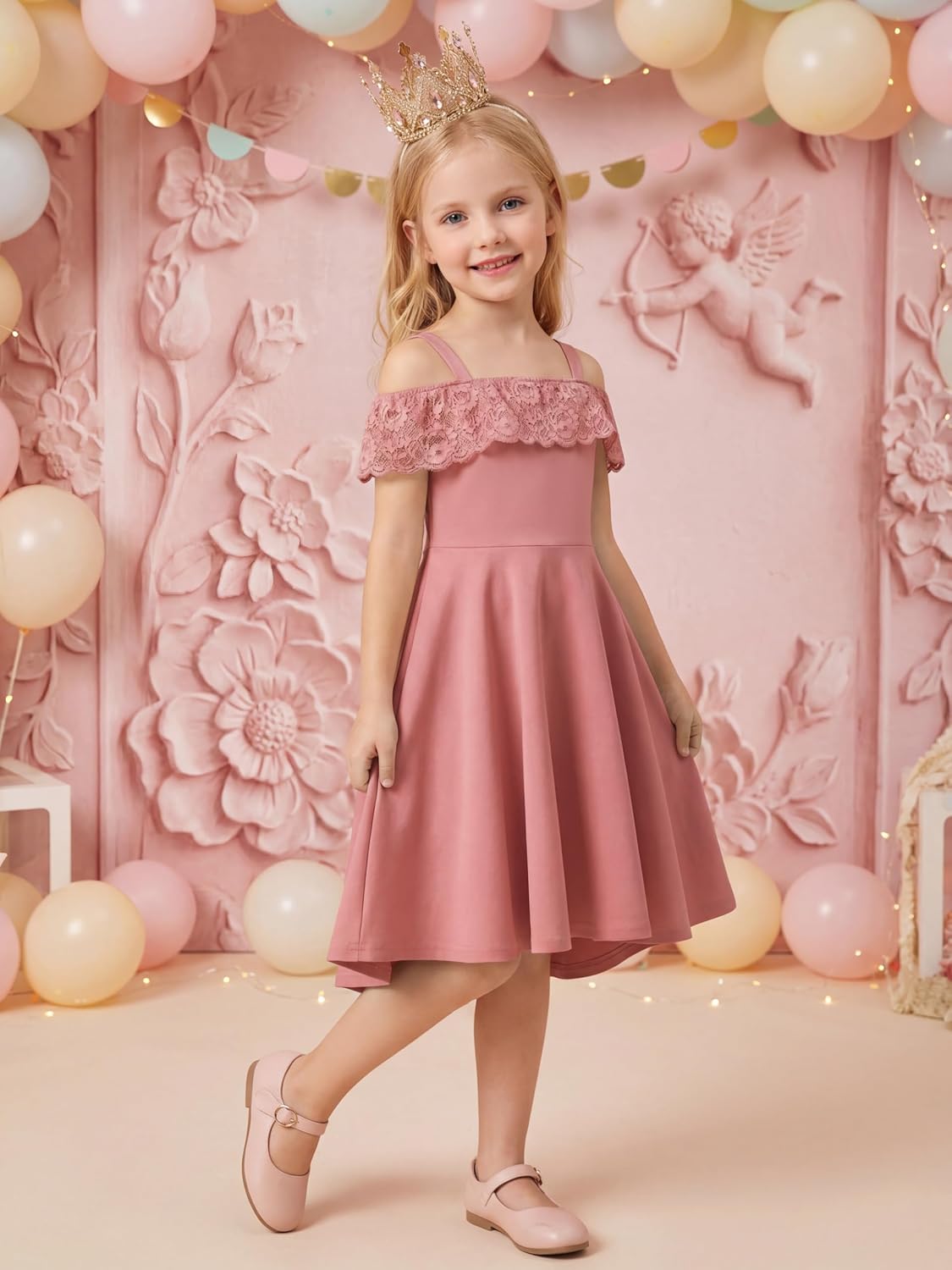 Cubear Girls Summer Dresses Off Shoulder Double Ruffle Elegant Formal Dress with Pockets 8-15 Years
