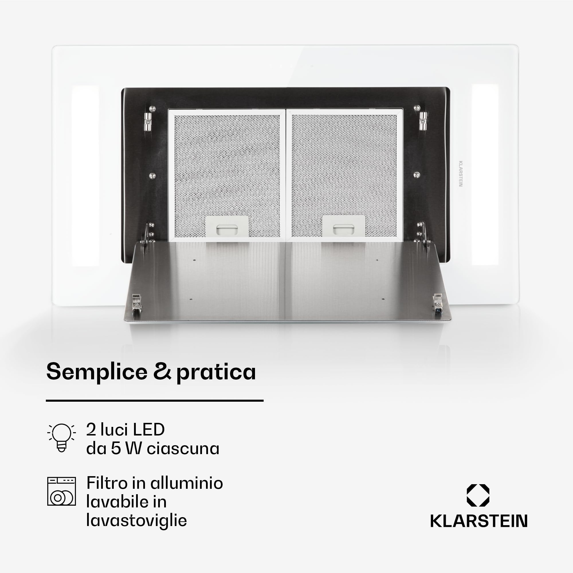 Klarstein Remy - Cappa Cucina, Cappa Aspirante ad Incasso, Controllo Touch, Cappa ad Isola, Illuminazione Piano Cottura, LED, Fino a 620 m³ / h, Telecomando, 90 cm, Bianco