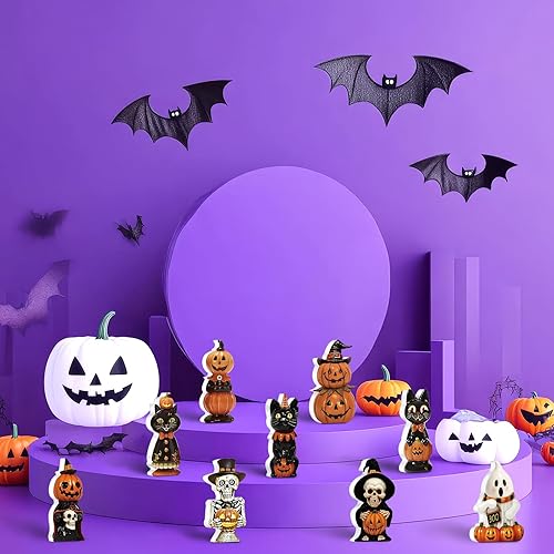 Miniatura 4 de Jetec 9 piezas de bonitas decoraciones de Halloween para interiores, bandeja escalonada de madera, letrero de mesa retro de calabaza, fantasma,
