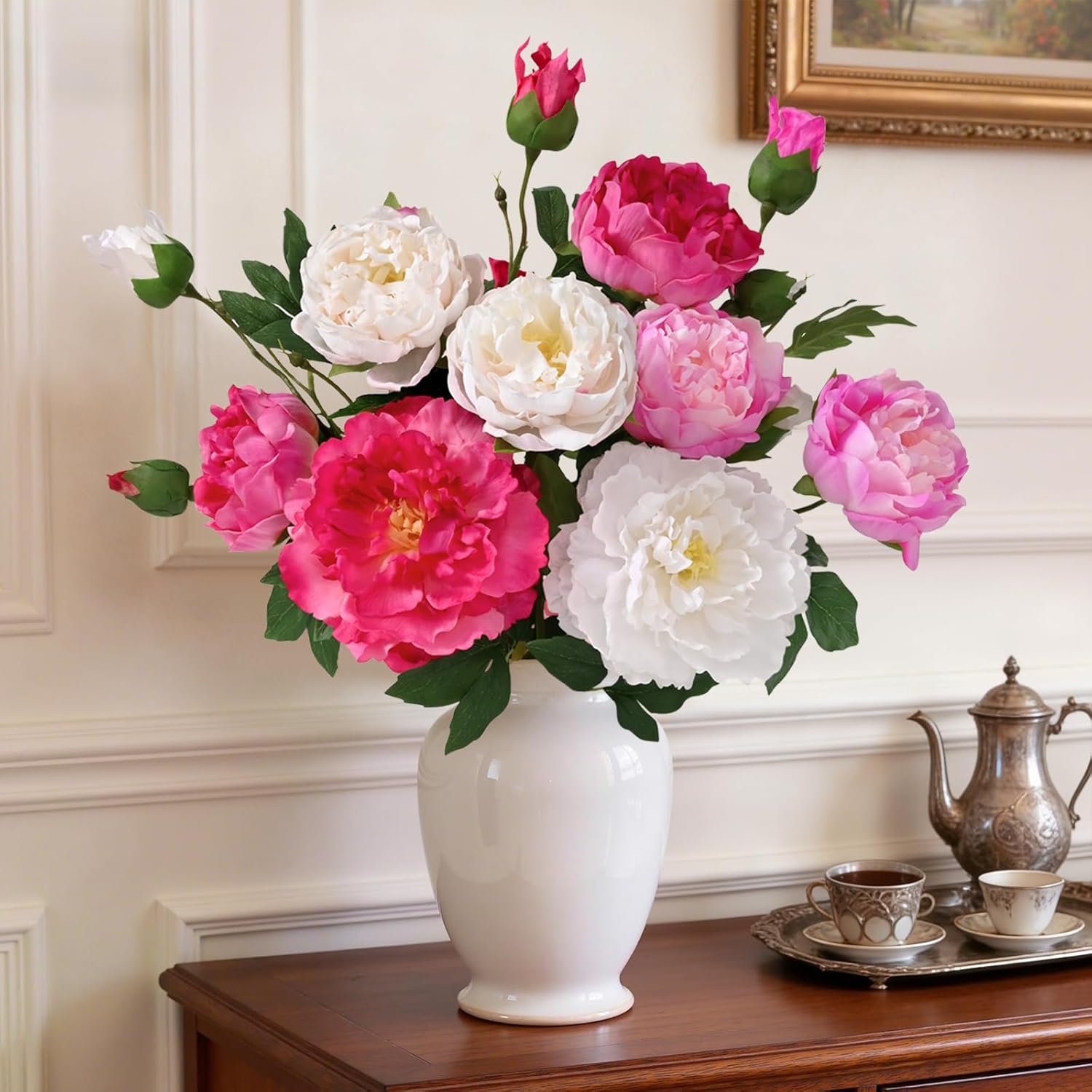 Yastouay 5 Bouquets Peonies Artificial Flowers with 22'' Long Stems, Latex Real Touch Faux Peony Flowers, Fake Peonies Bouquet for Table Centerpiece, Vases Home Wedding Party Decor (Red/White/Fuchsia)