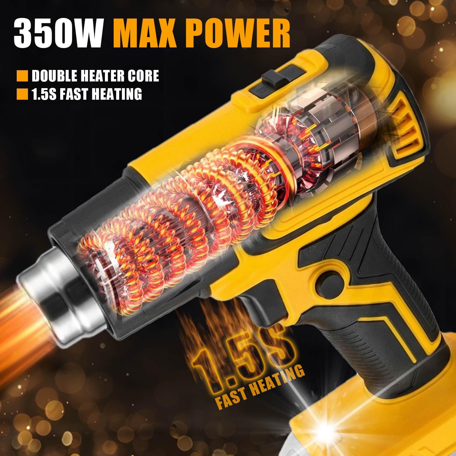 Kabellose Heißluftpistole, 350 W, kompatibel mit Dewalt 20 V Akku, einstellbare Temperatur 48,9 °C – 598,9 °C, LED-Licht, tragbare Heißluftpistole, LCD-Digitalanzeige und 4 Düsen für Schrumpfschläuche