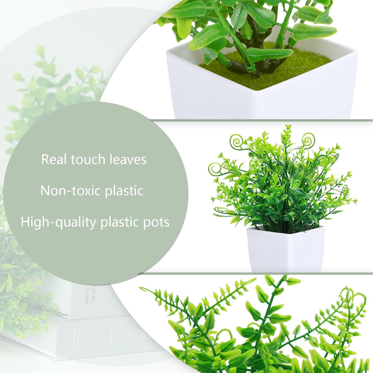 GREENTIME 4 Pcs Fake Plants Potted Small Artificial Plants Indoor Faux Plants in White Pot Greenery for Home Office Bedroom Desk Bathroom Shelf Farmhouse Decoration
