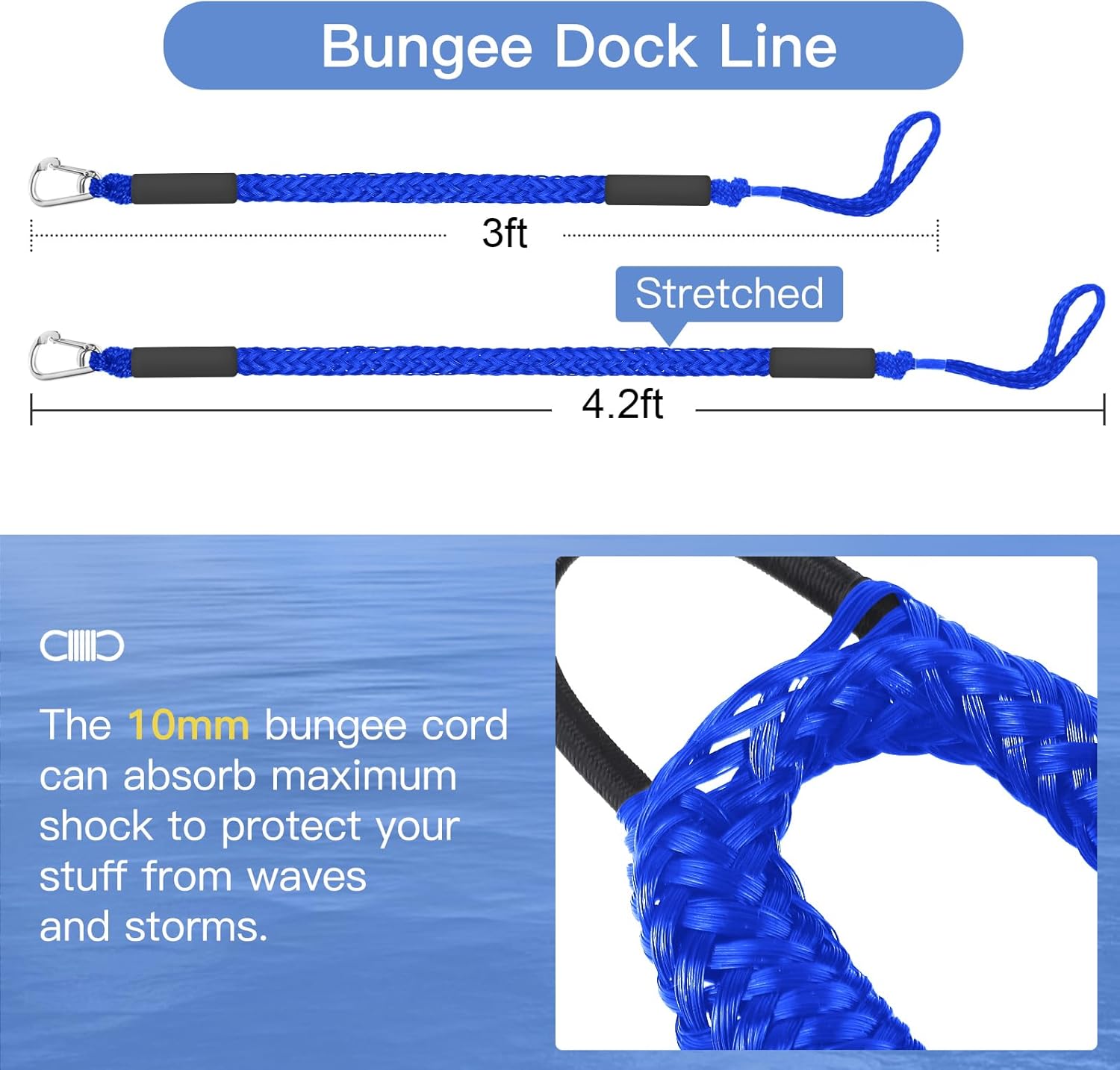 Bungee Dock Lines for Boats - 2 Pack 3ft Boat Ropes with Clips, Heavy Duty PWC Accessories for Jet Ski, Pontoon, SeaDoo & Kayak, Marine Grade Mooring Rope (Blue)