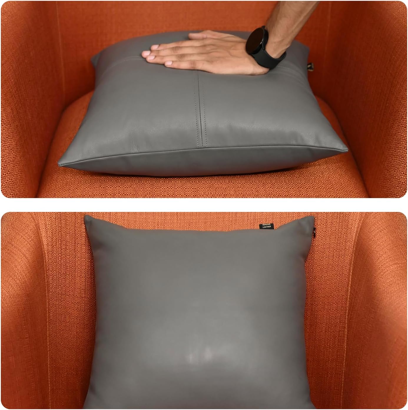 LL LEATHER LOVERS Lambskin Leather Pillow Cover, Hand Panel Stitched Leather Decorative Throw Pillow Covers for Couch Sofa Bed Living Room Garden (20x20 Inches, Grey Plain Pack of 2)