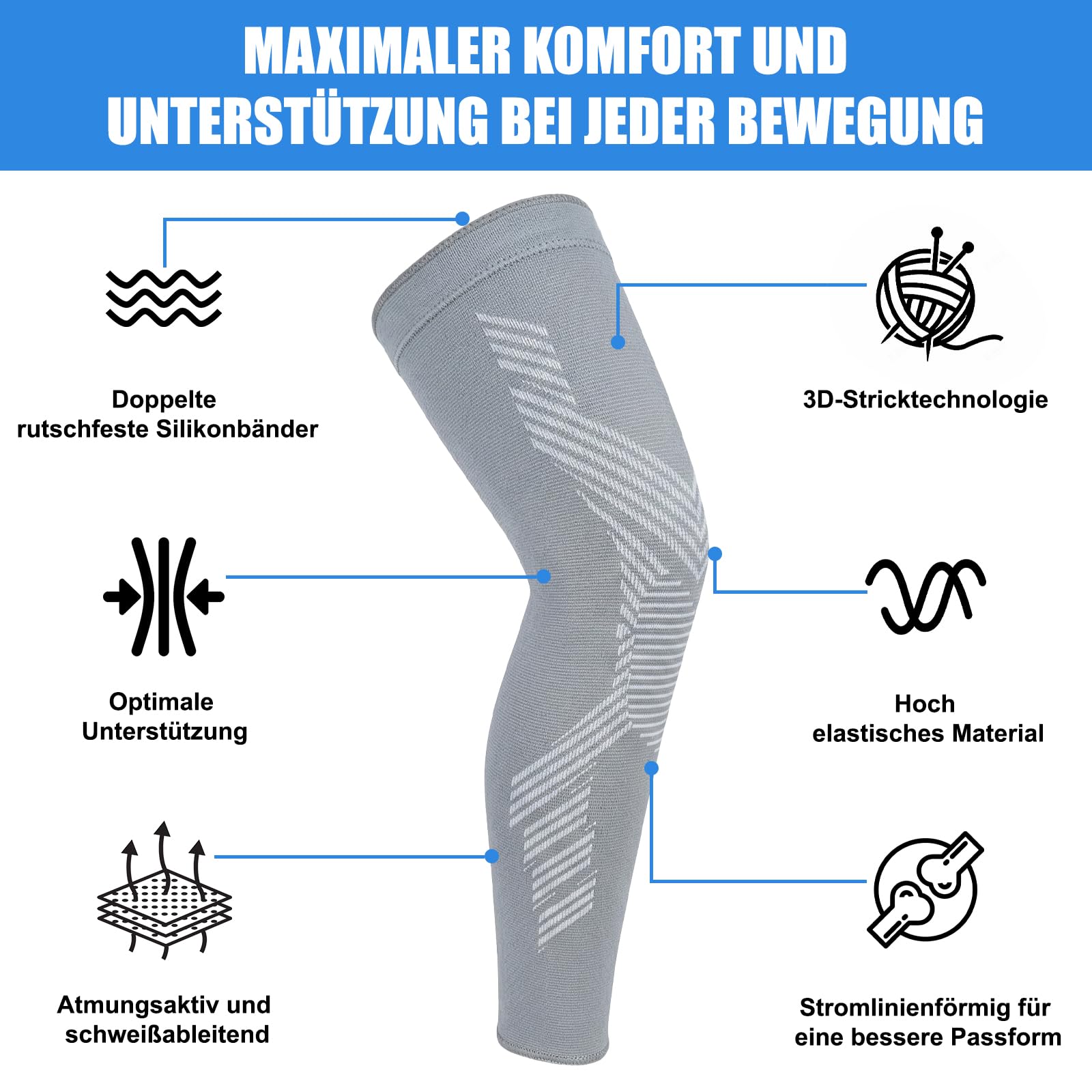 NuCamper Kniebandage Lang 2 Stück für Männer/Damen Kompression Kniestütze mit Rutschfestem Kompressionsbandage für Laufen Sport Arthritis Meniskusriss ACL Knieschmerzen Wandern Knie Oberschenkel Wade