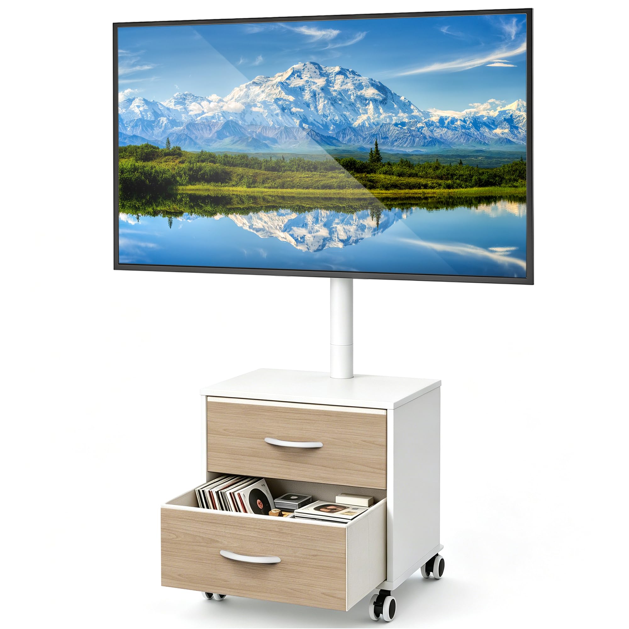 5Rcom Supporto TV bianco su ruote per TV LED LCD OLED al plasma da 32-60 pollici, mobile TV piatto curvo regolabile in altezza con staffa fino a 40 kg, supporto mobile per TV con cassetti max VESA 400